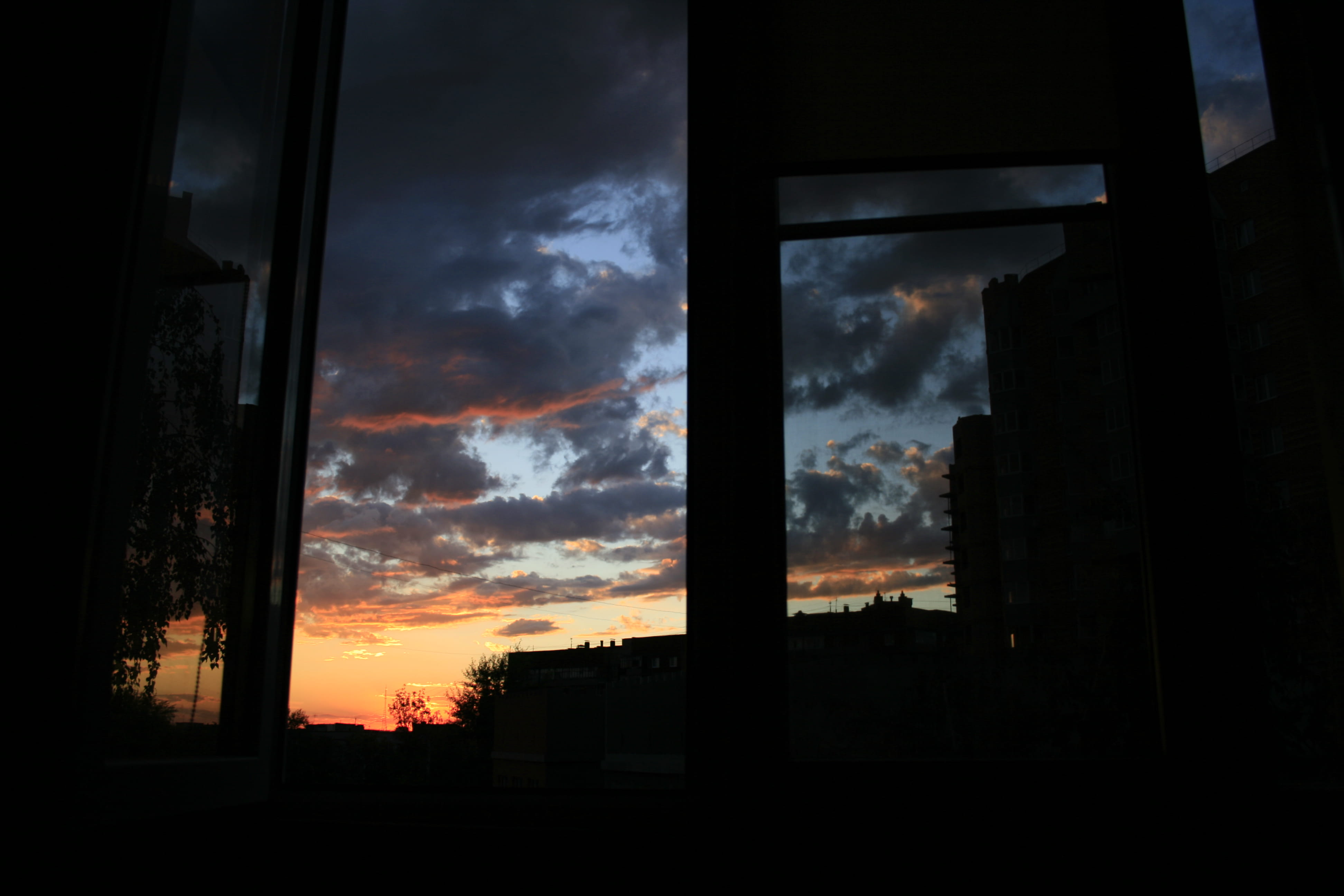 sunset, sky, blue, orange, window, night, dusk, dark, cloud - sky