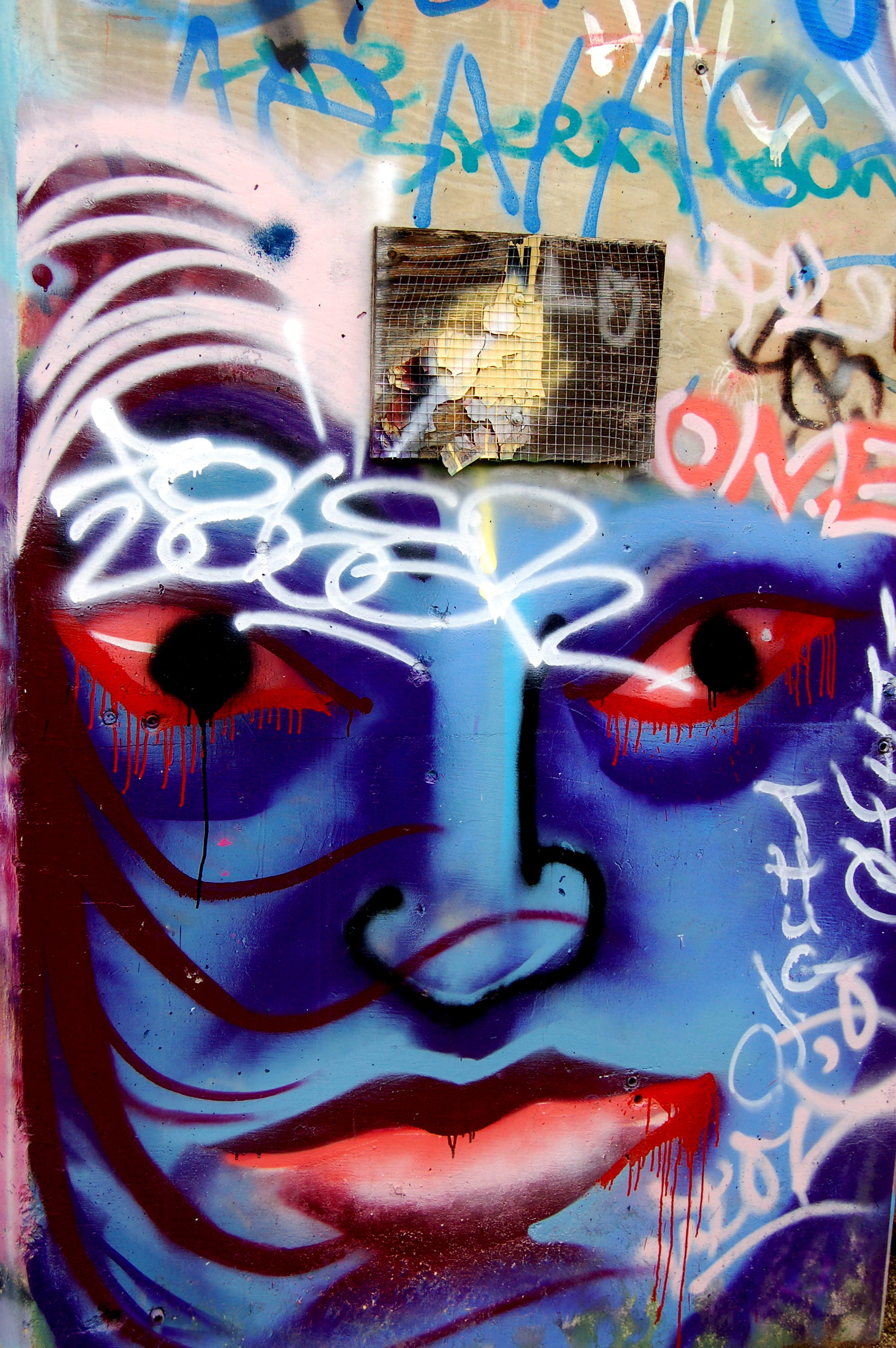 graffiti, blue, red, eye, face, creativity, representation