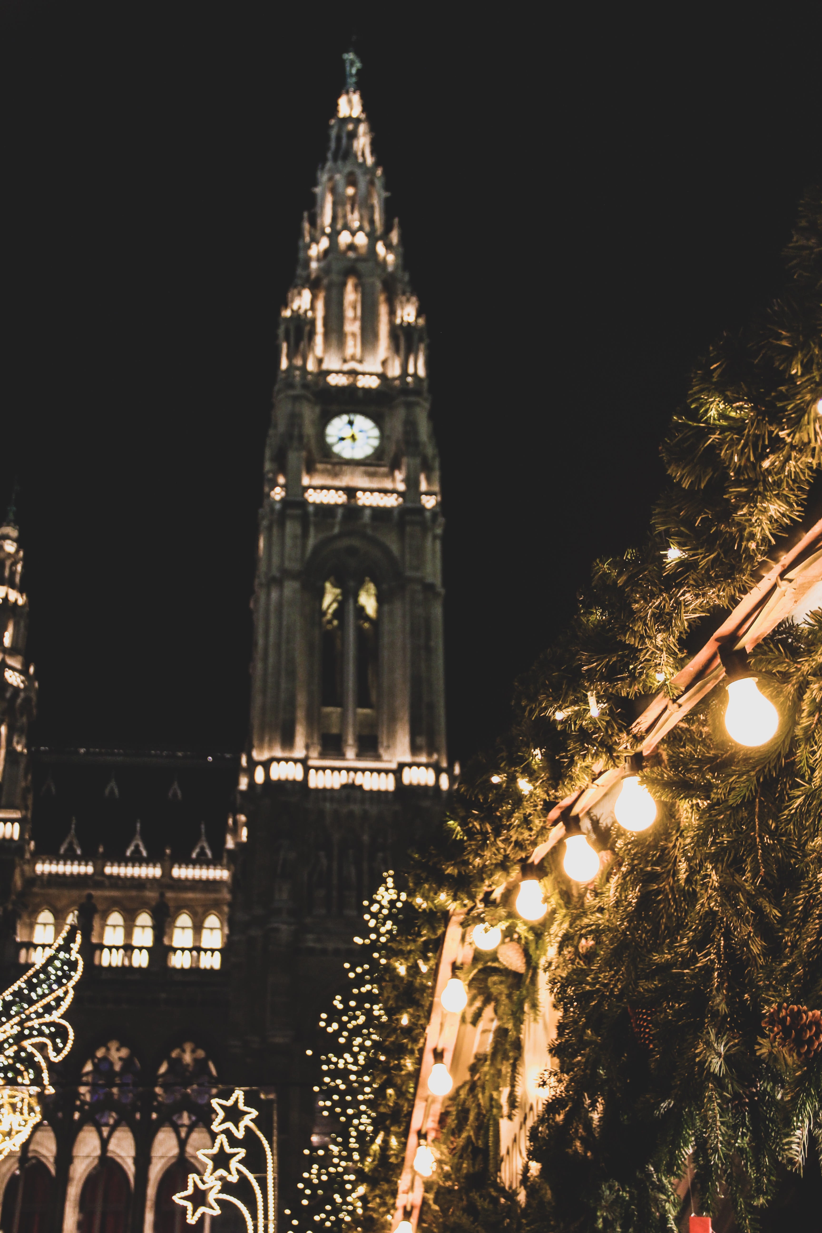 lighted clock tower at night, architecture, illuminated, built structure