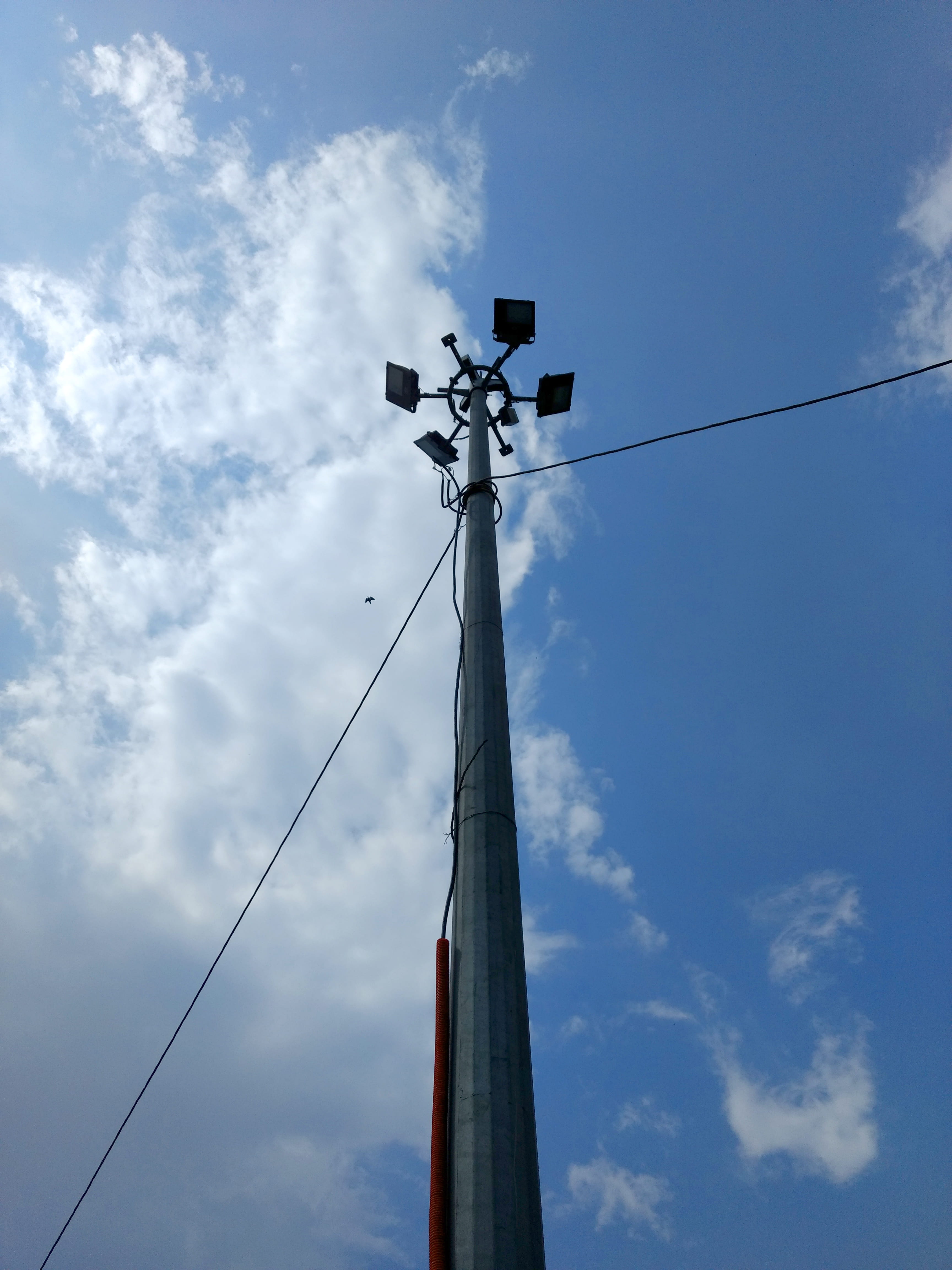 sky, clouds, blue, white, wires, pole, low angle view, cloud - sky