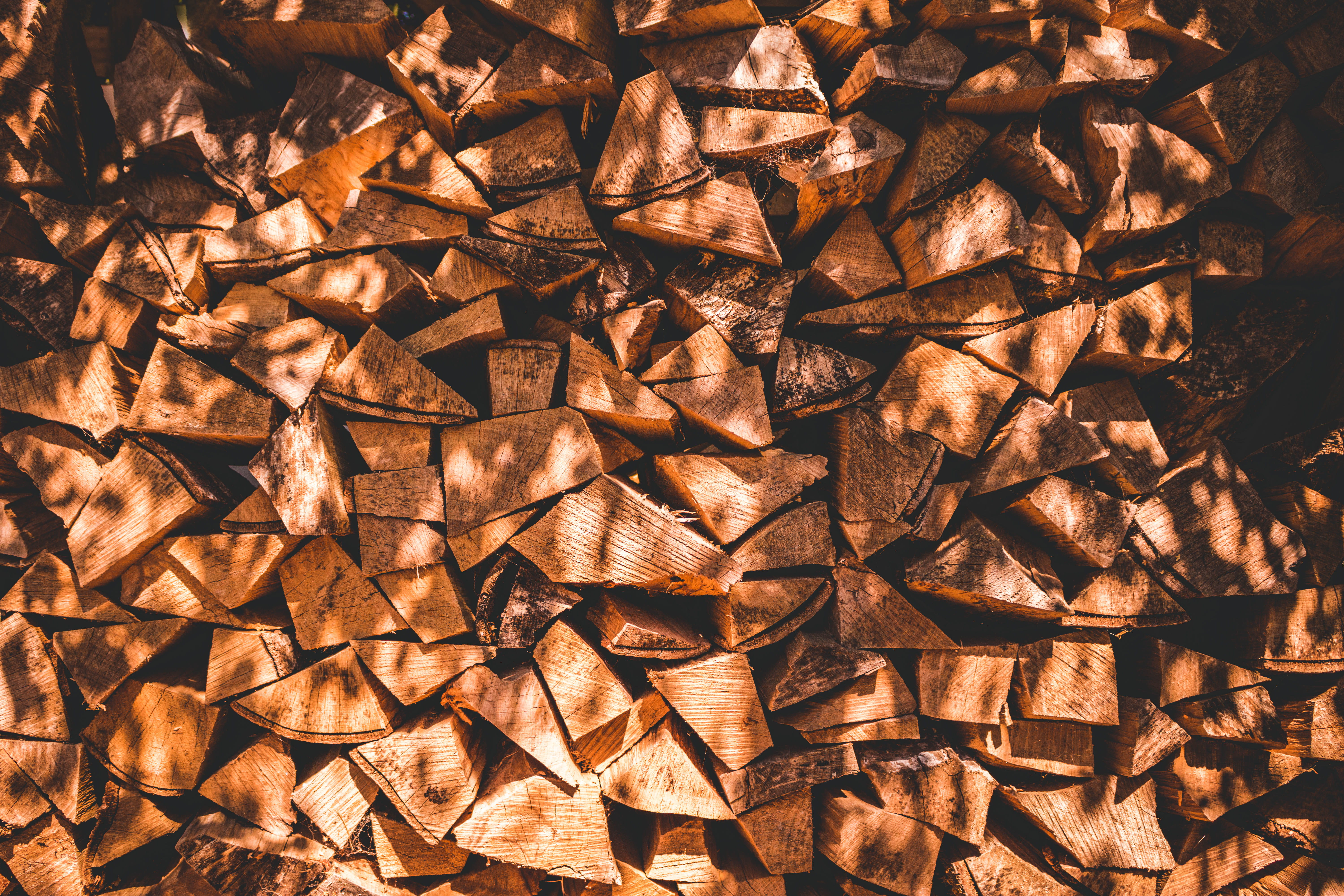 wood, pile, stack, sunlight, shadow, warm, pattern, wallpaper
