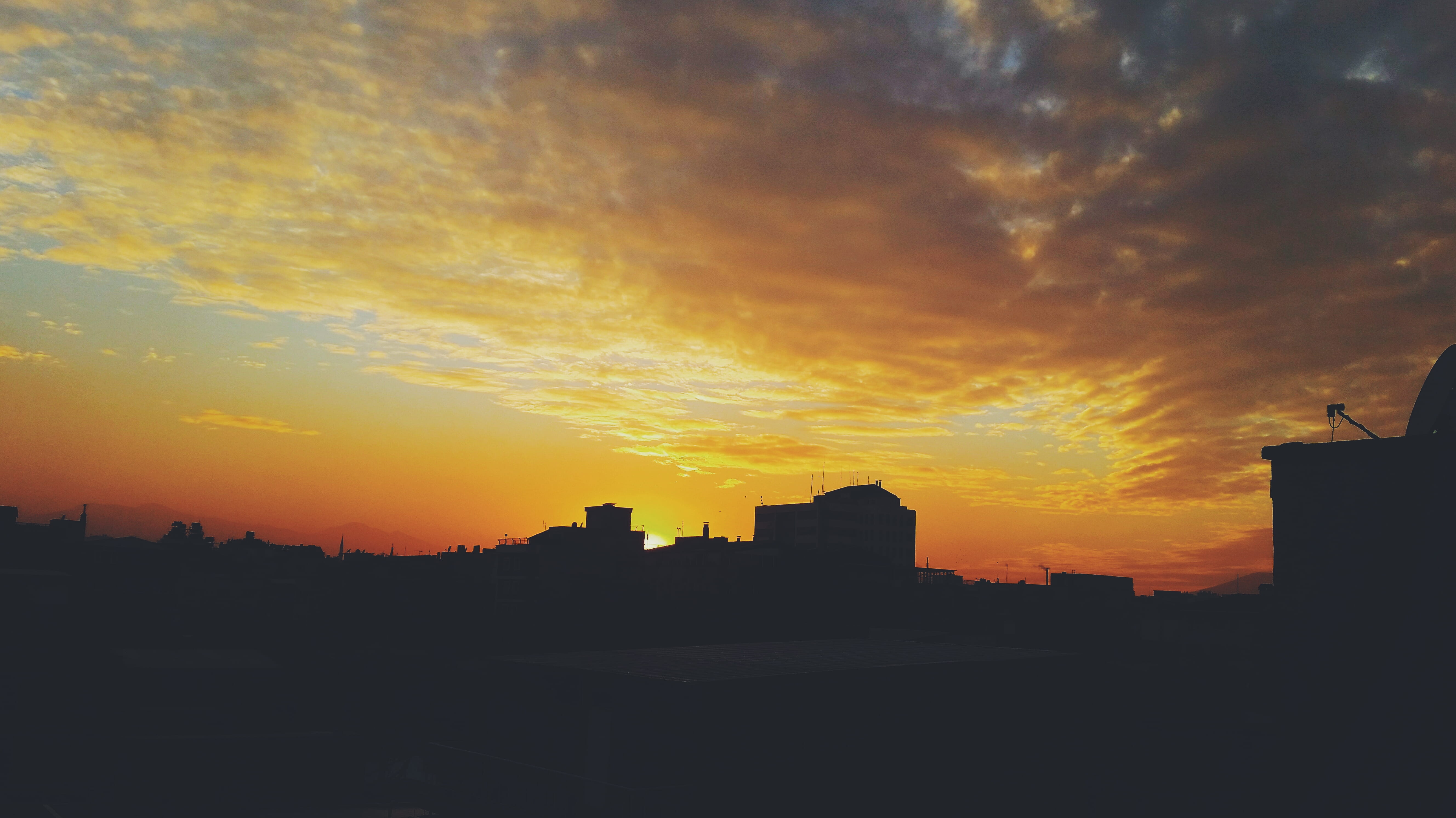 sky, clouds, buildings, yellow, sun, sunset, cloud - sky, architecture