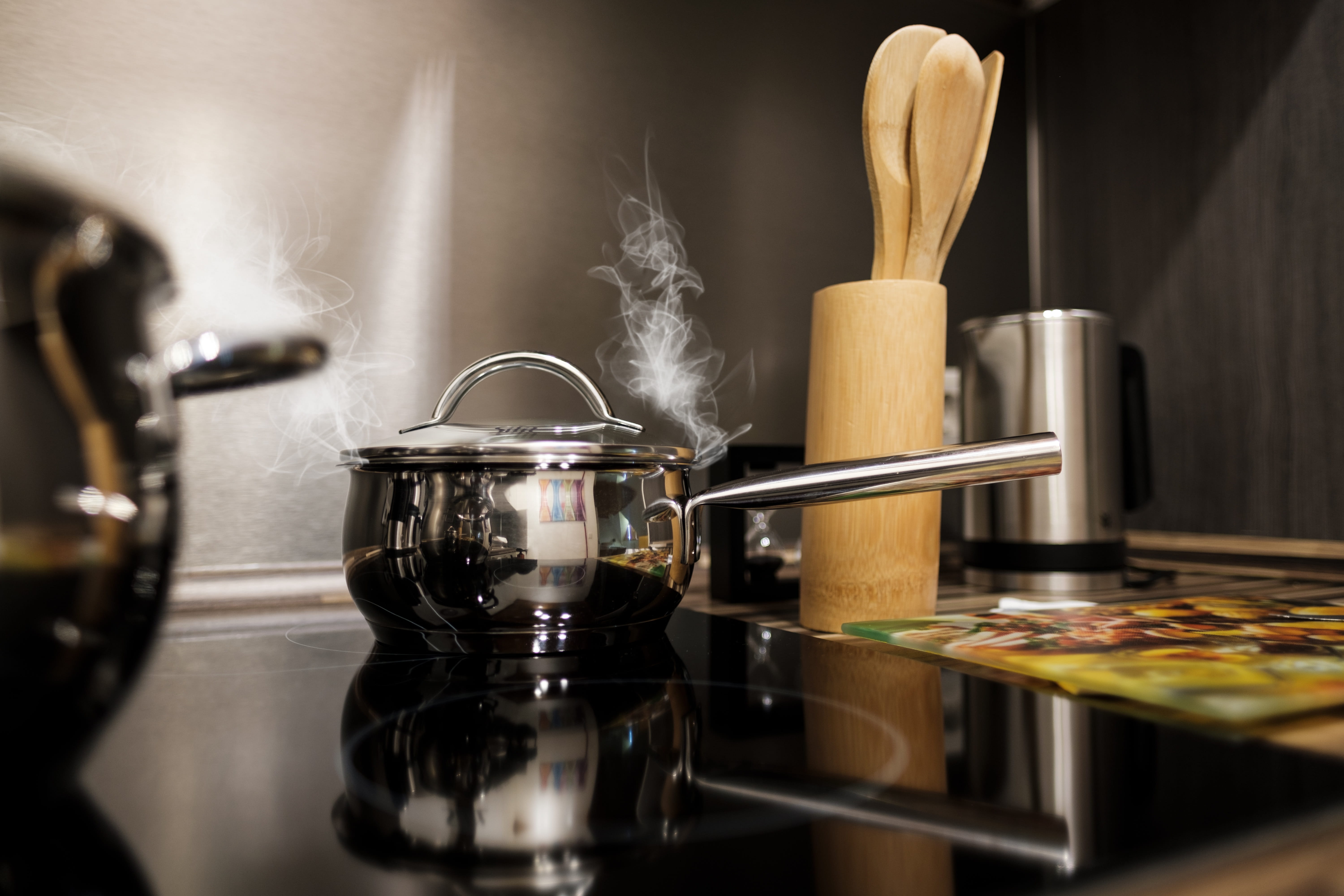 kitchen, cook, pot, cooking pot, stove, steam, hot, kitchen utensil