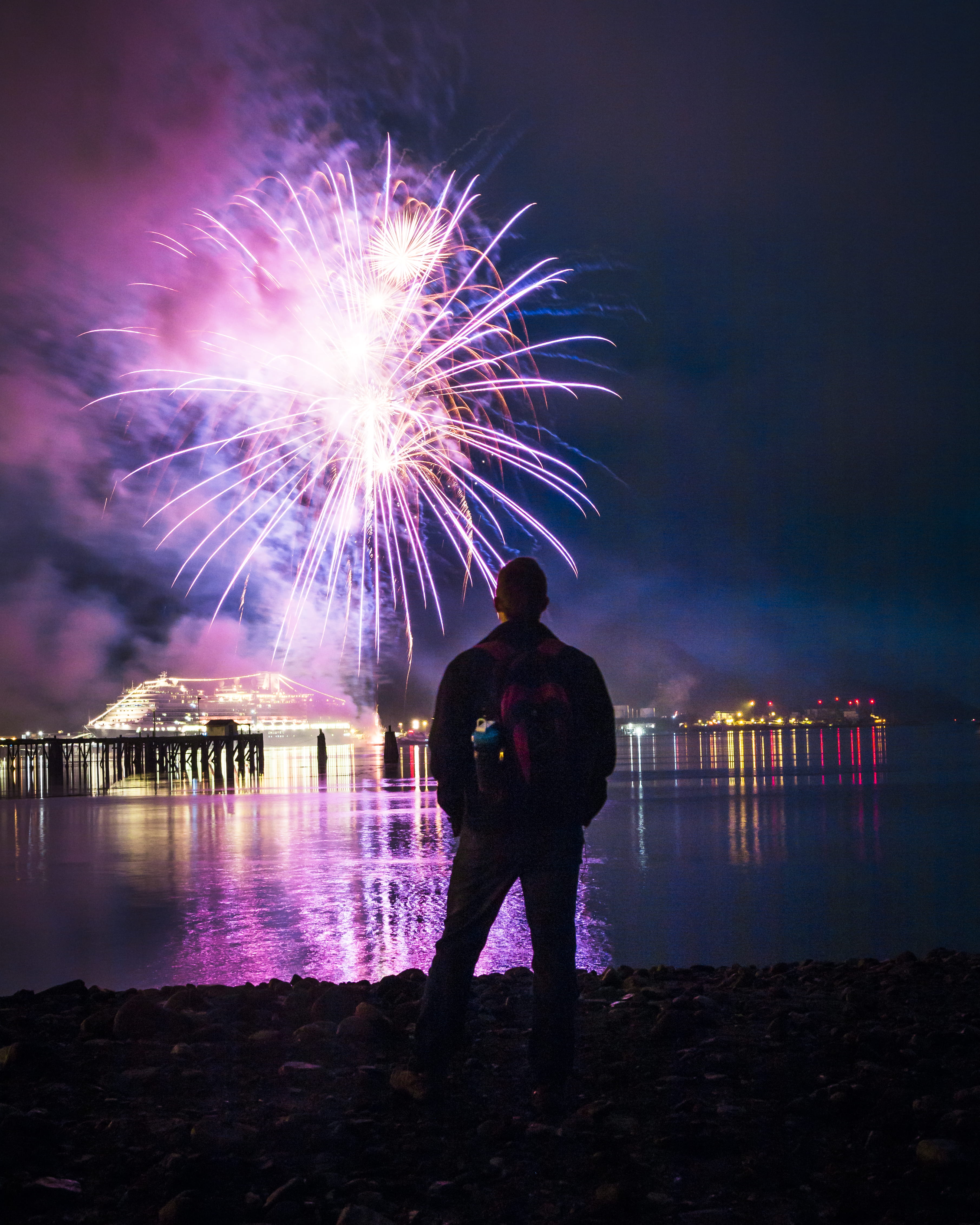 looking, man, standing, fire, light, lit, fireworks, independence