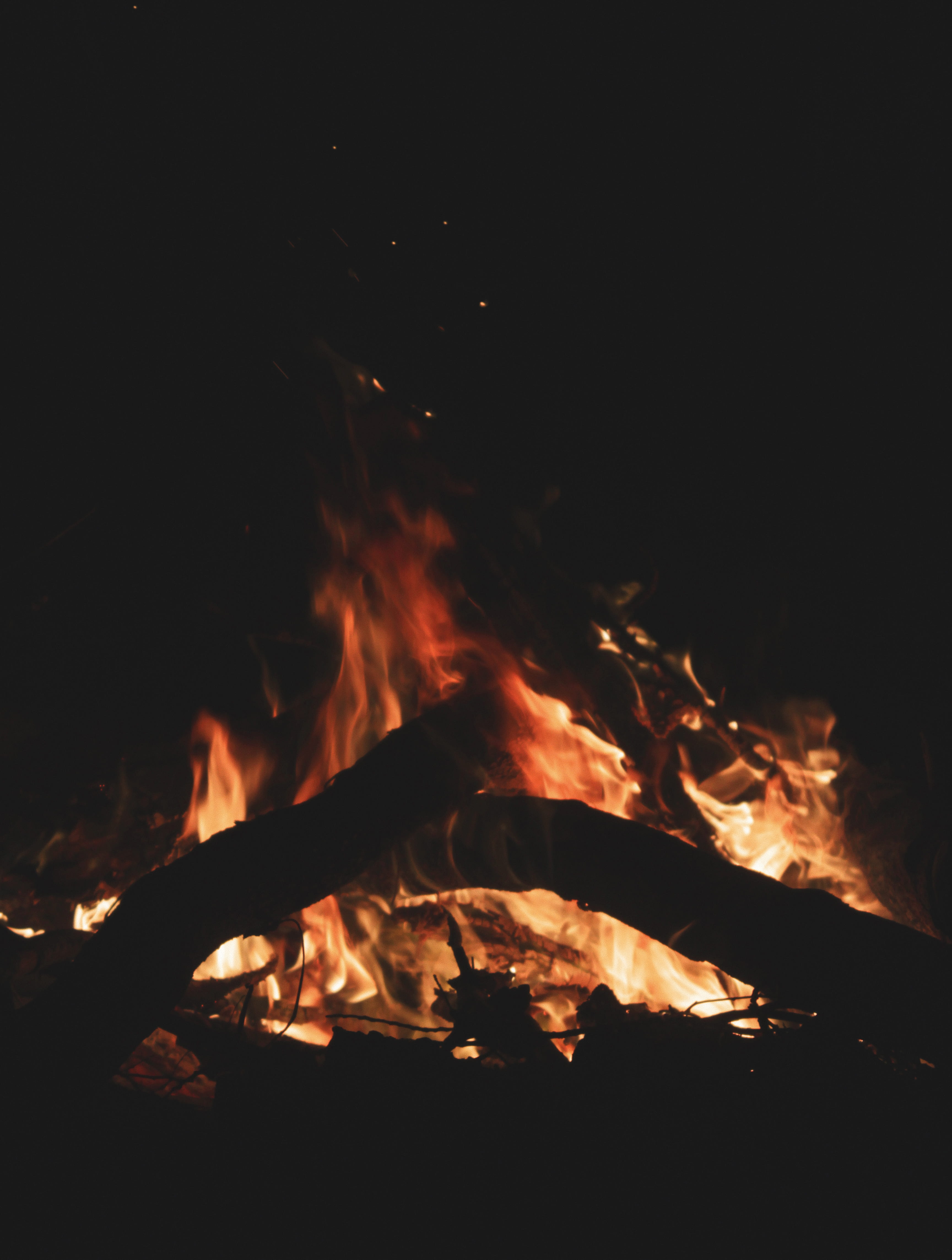 fire, flame, bonfire, night, dark, camp, human, person, silhouette