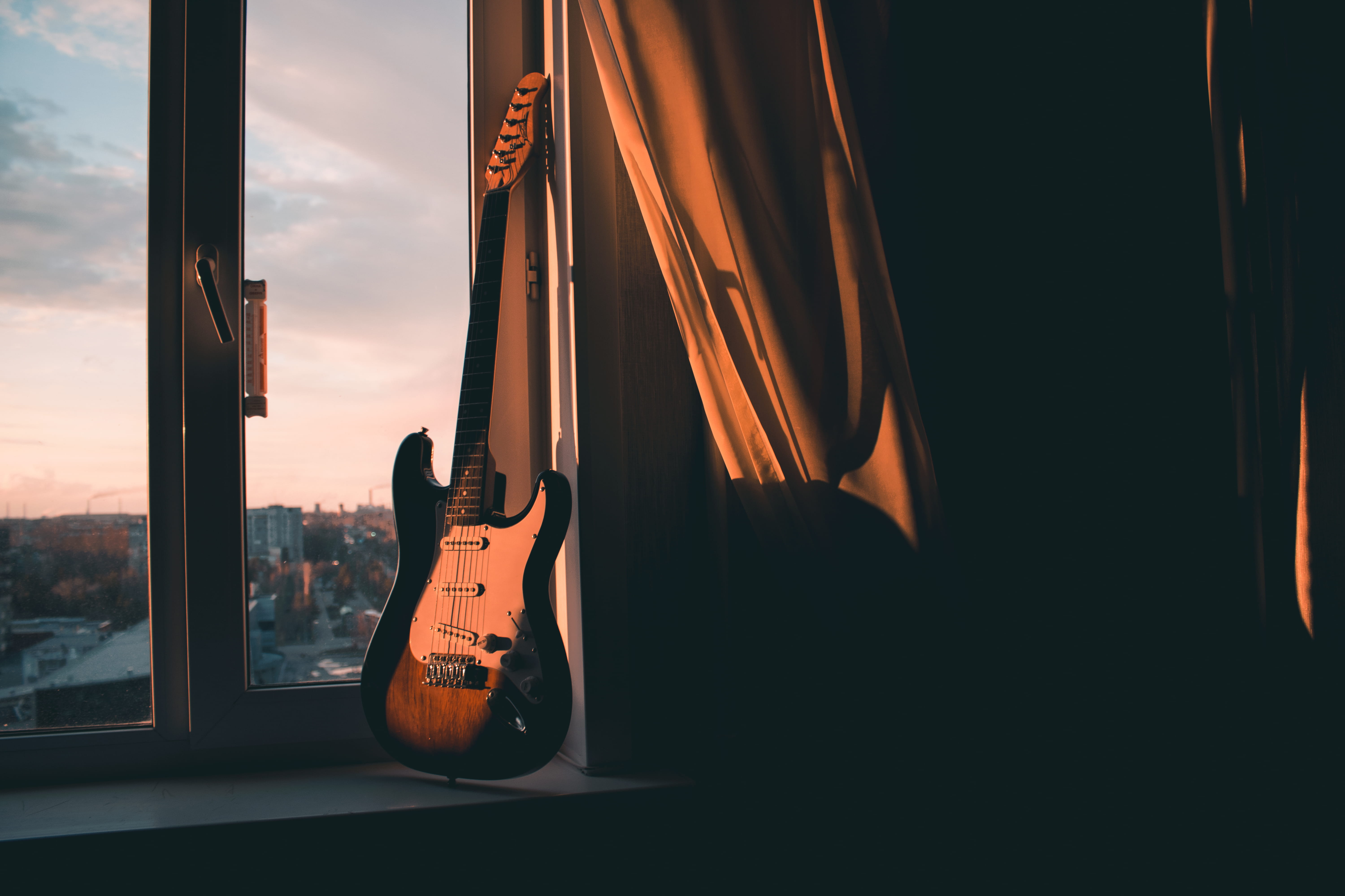 Guitar Beside Window, curtain, electric guitar, guitar strings
