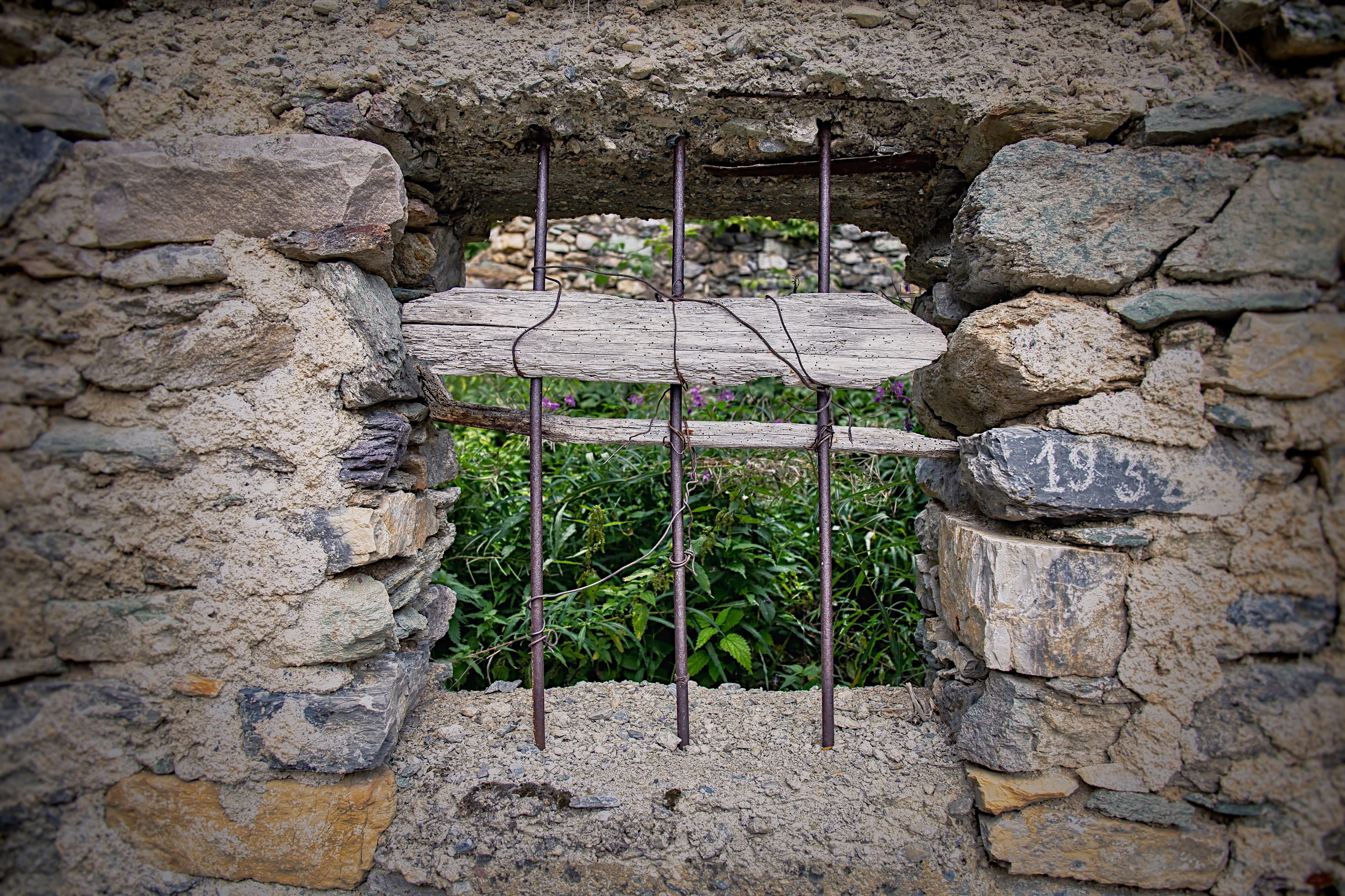 window, bars, old, stone, ruin, abandoned, weathered, solid