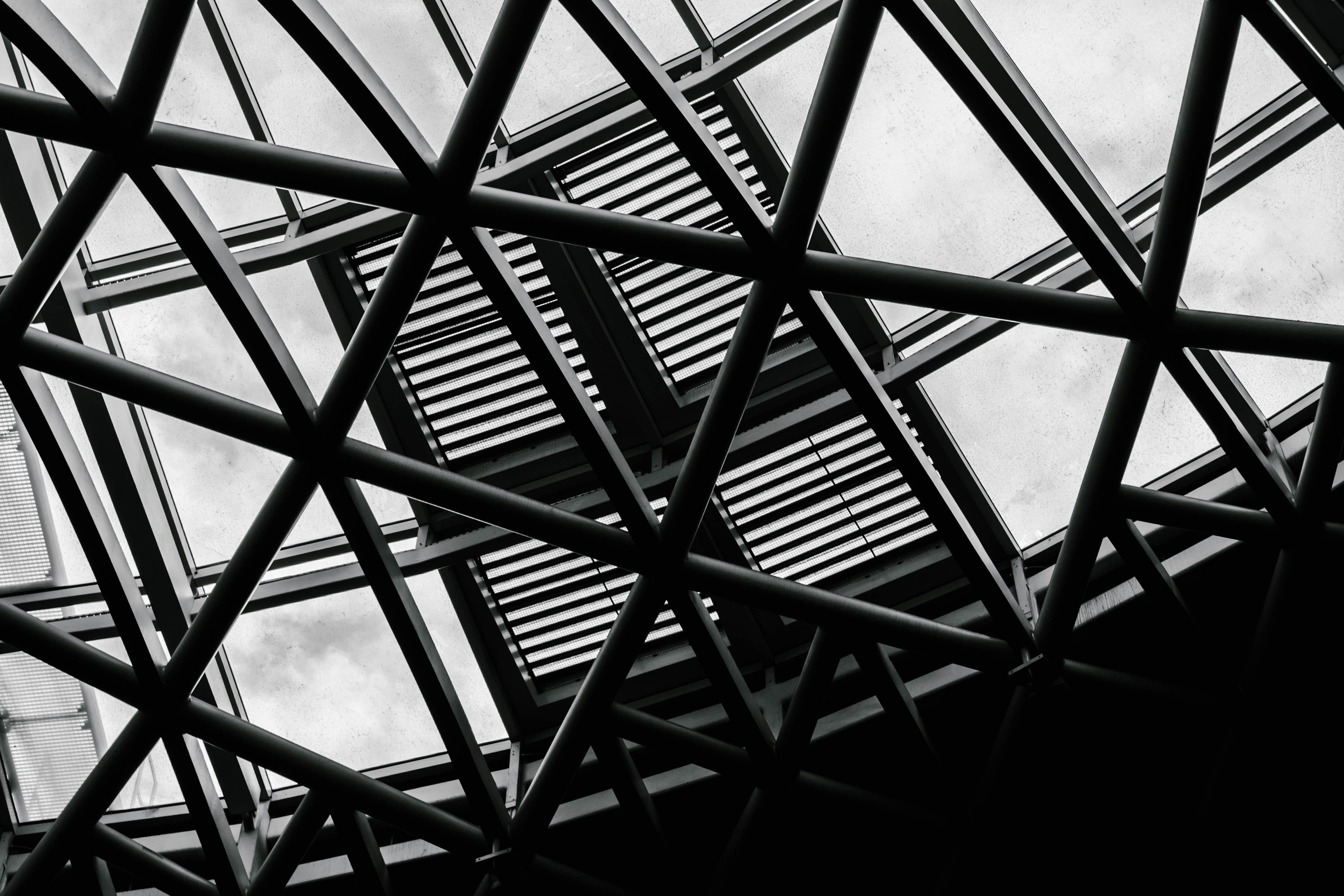 building interior, triangle, window, skylight, architecture, pattern