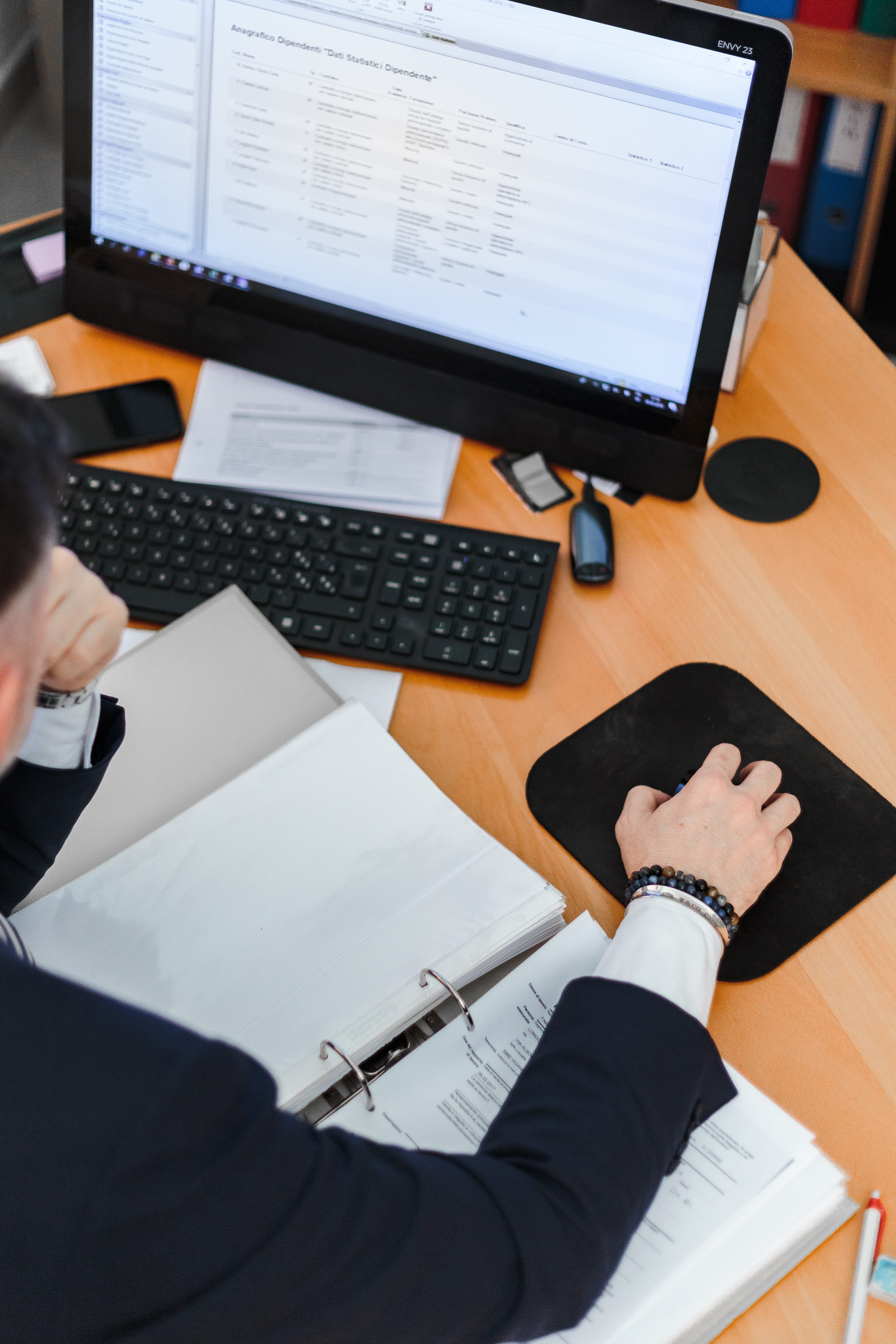 Man Using Desktop Computer Set, cellphone, contemporary, data