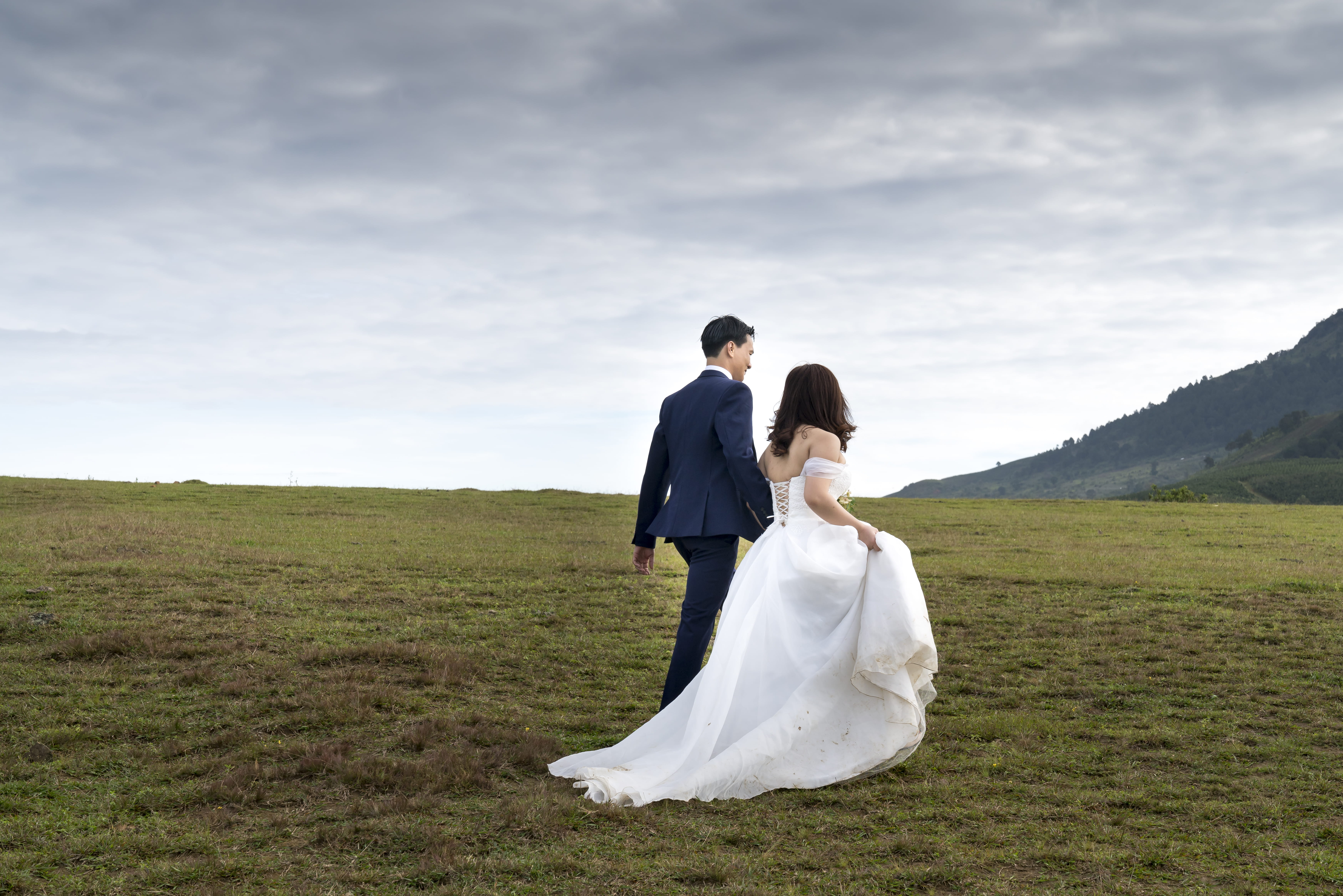 Photo of Couple On Grass Field, back view, bridal, bride, clouds