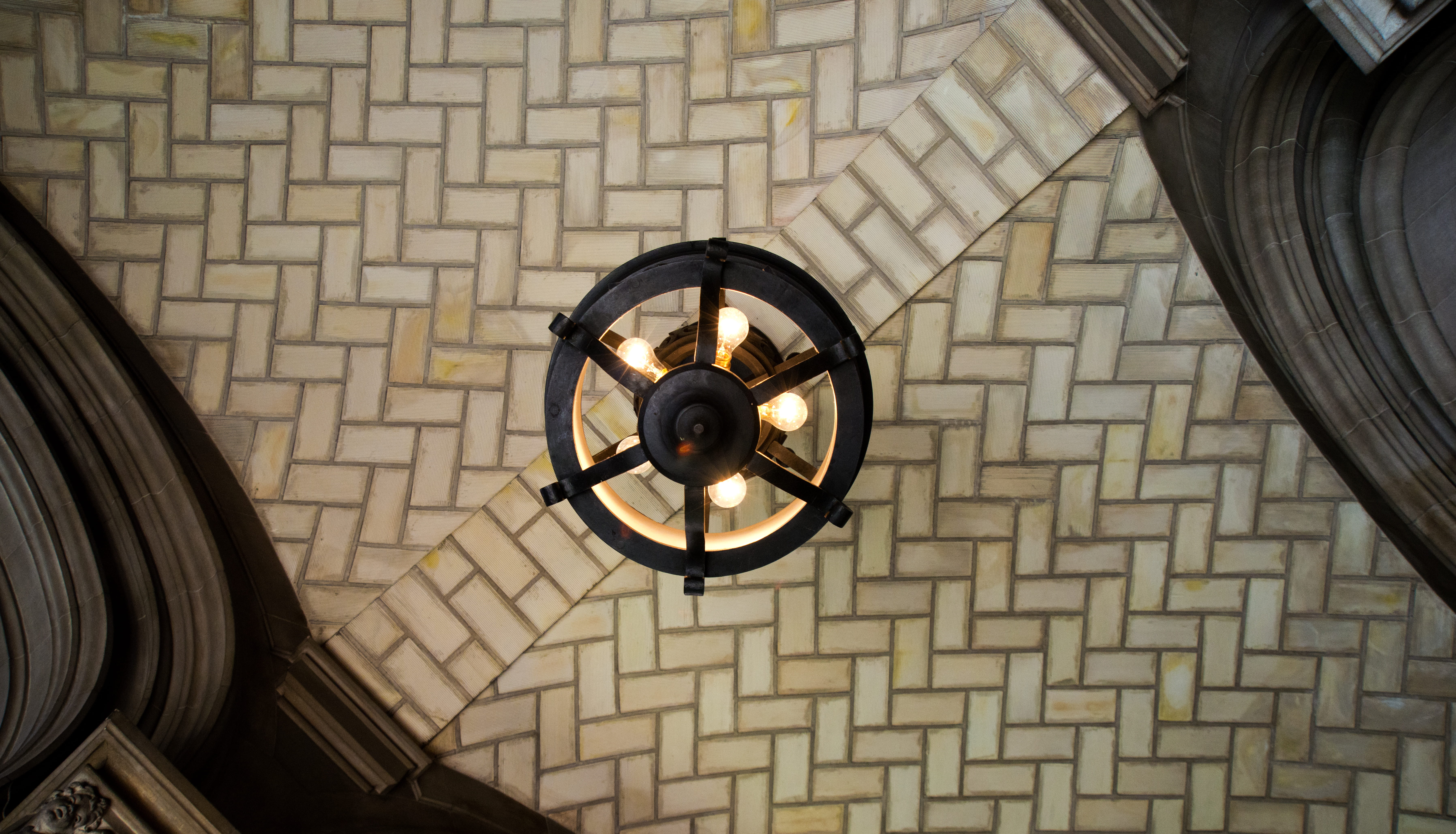 ceiling, brick, tiles, patterns, chandelier, light, lighting equipment