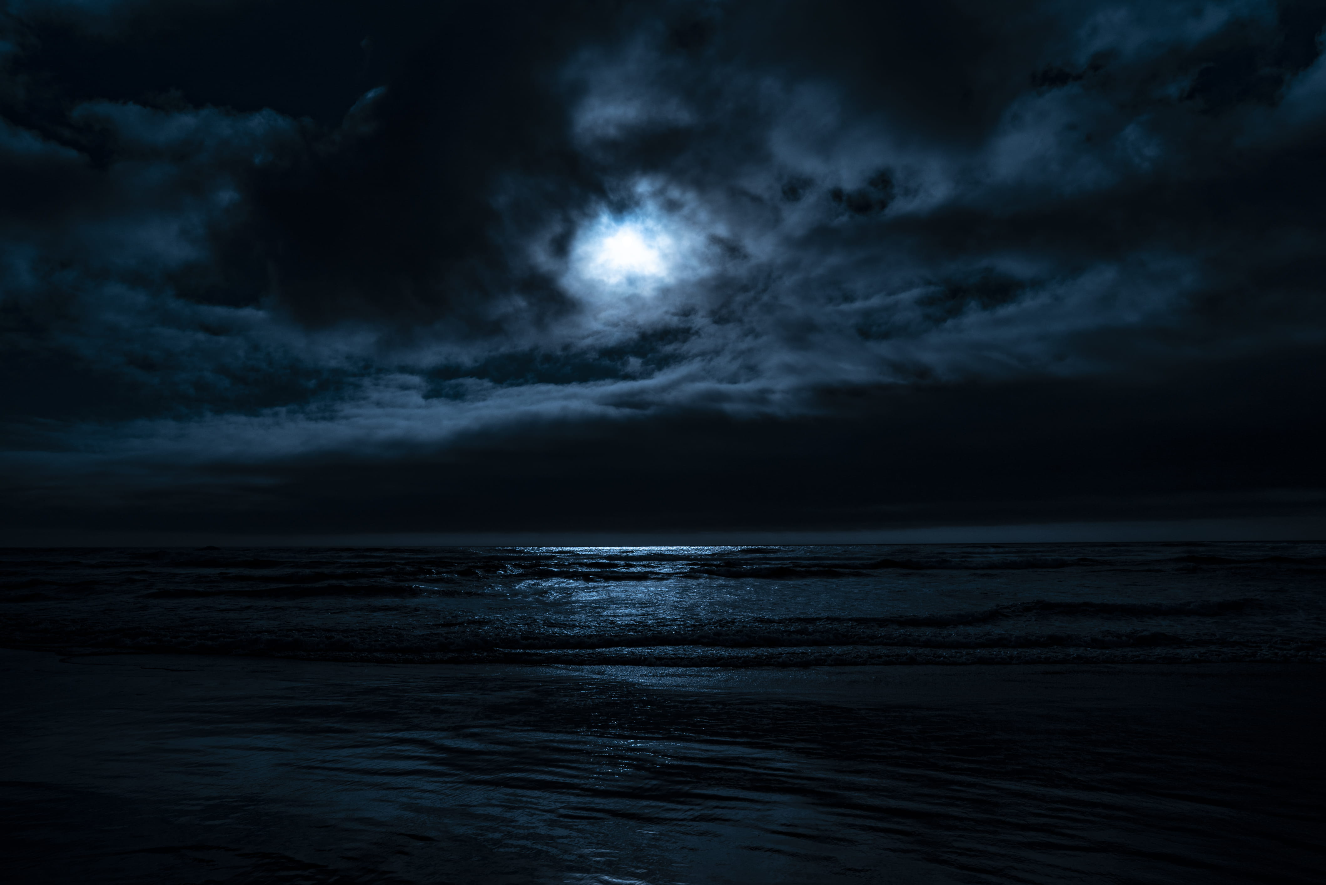 body of water under full moon, sea, night, ocean, dark, moonlight