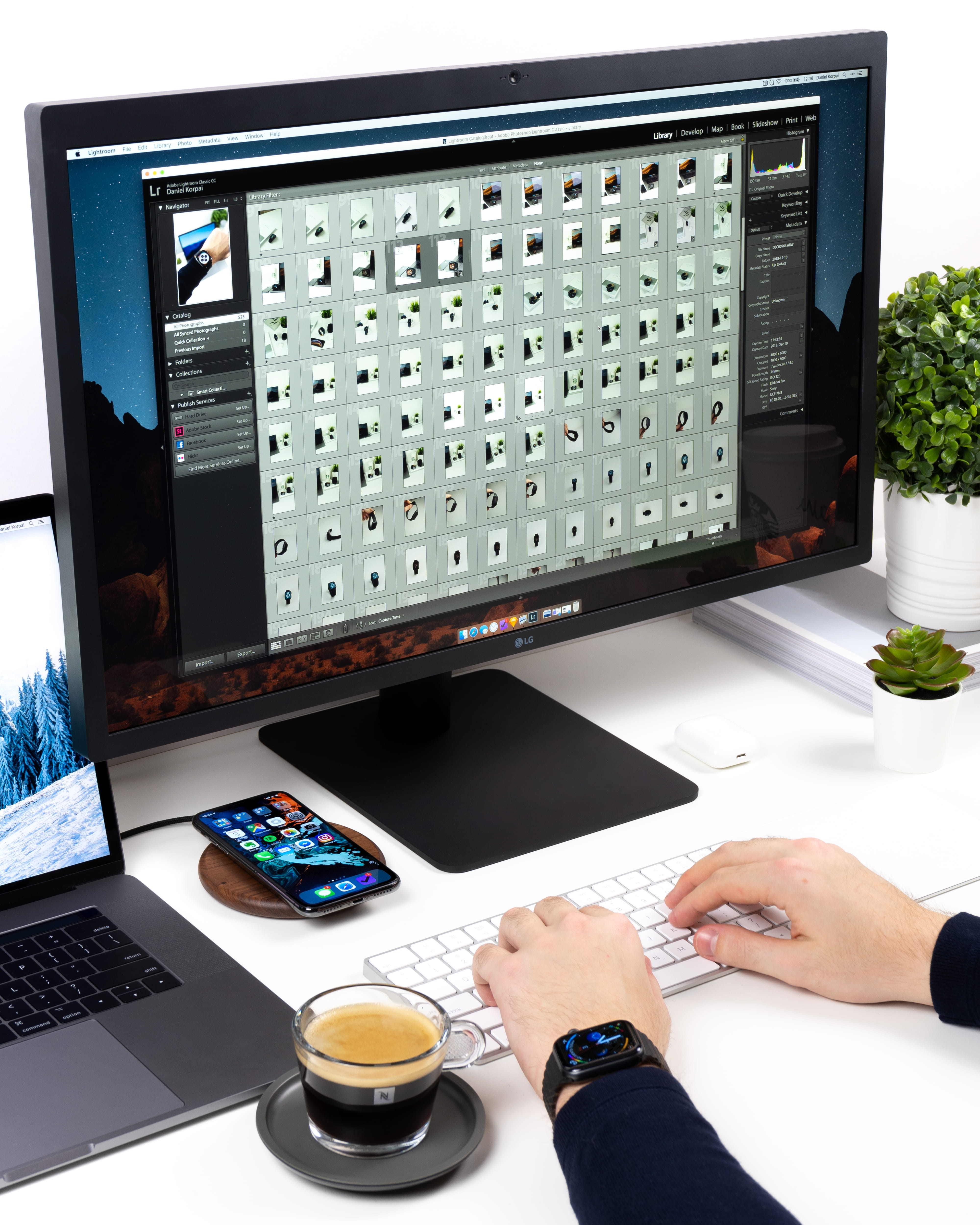 person using Apple magic keyboard, human hand, technology, table