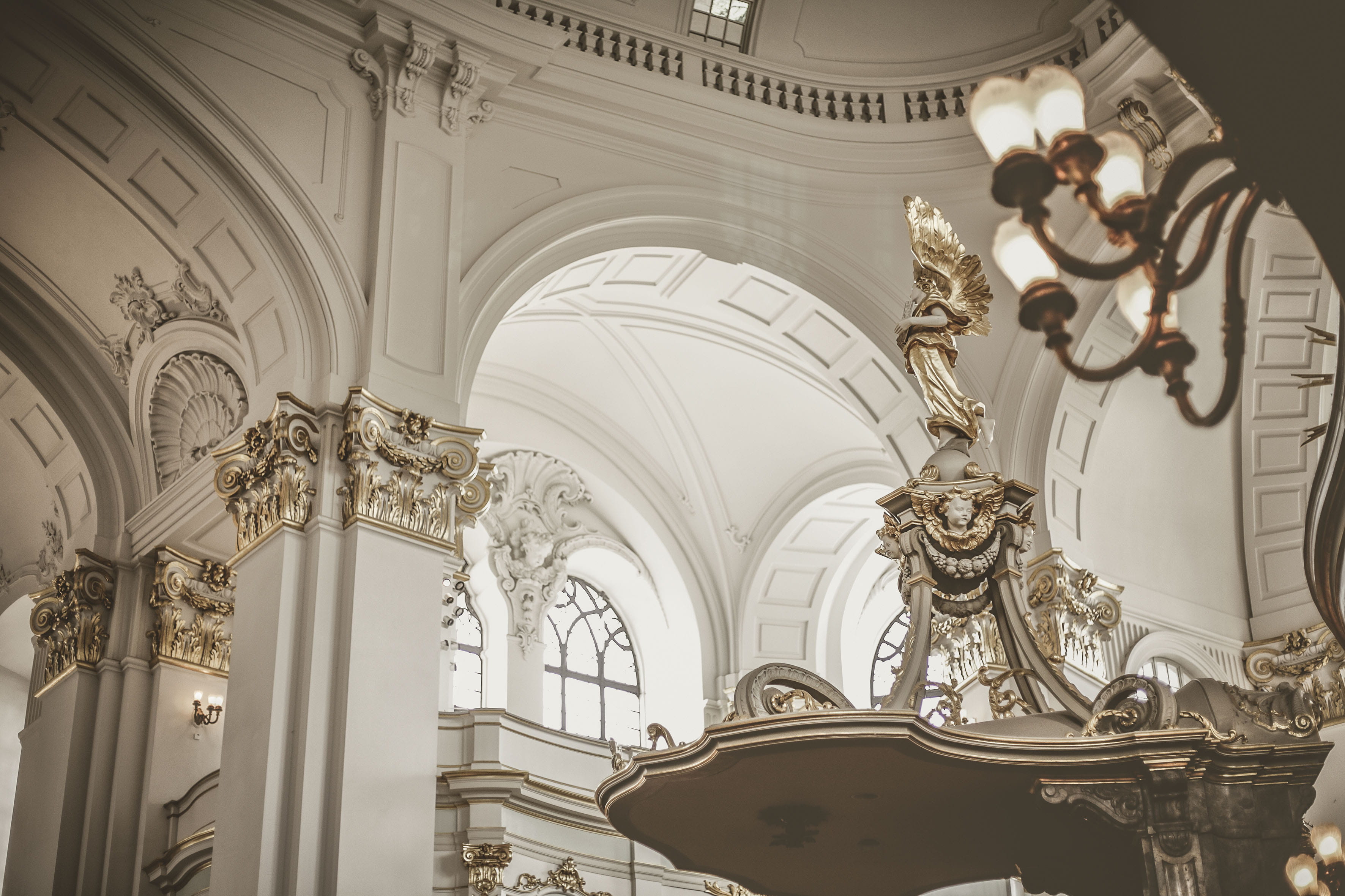 brown chandelier, architecture, built structure, low angle view