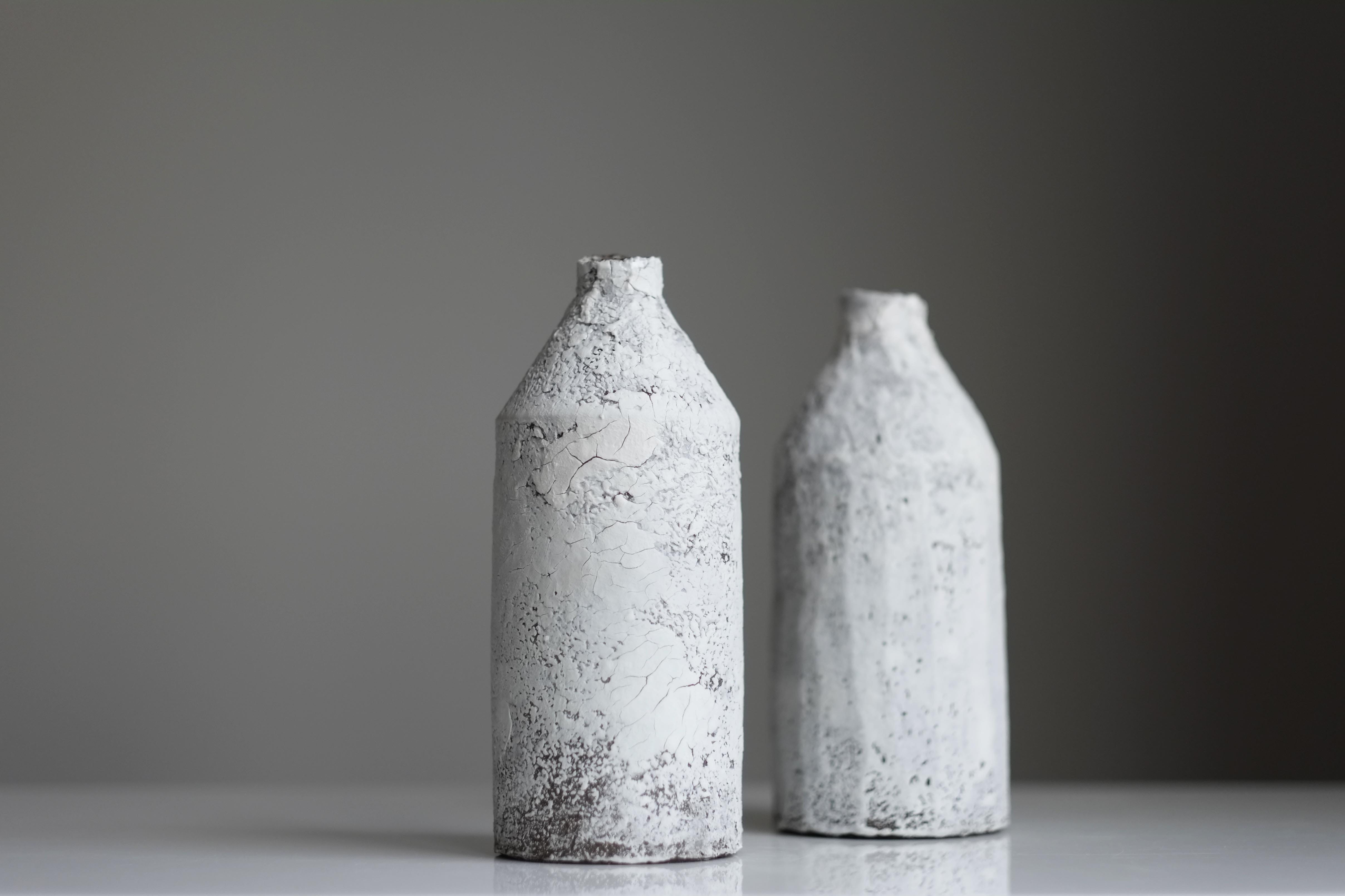 two grey bottles on surface, studio shot, indoors, copy space
