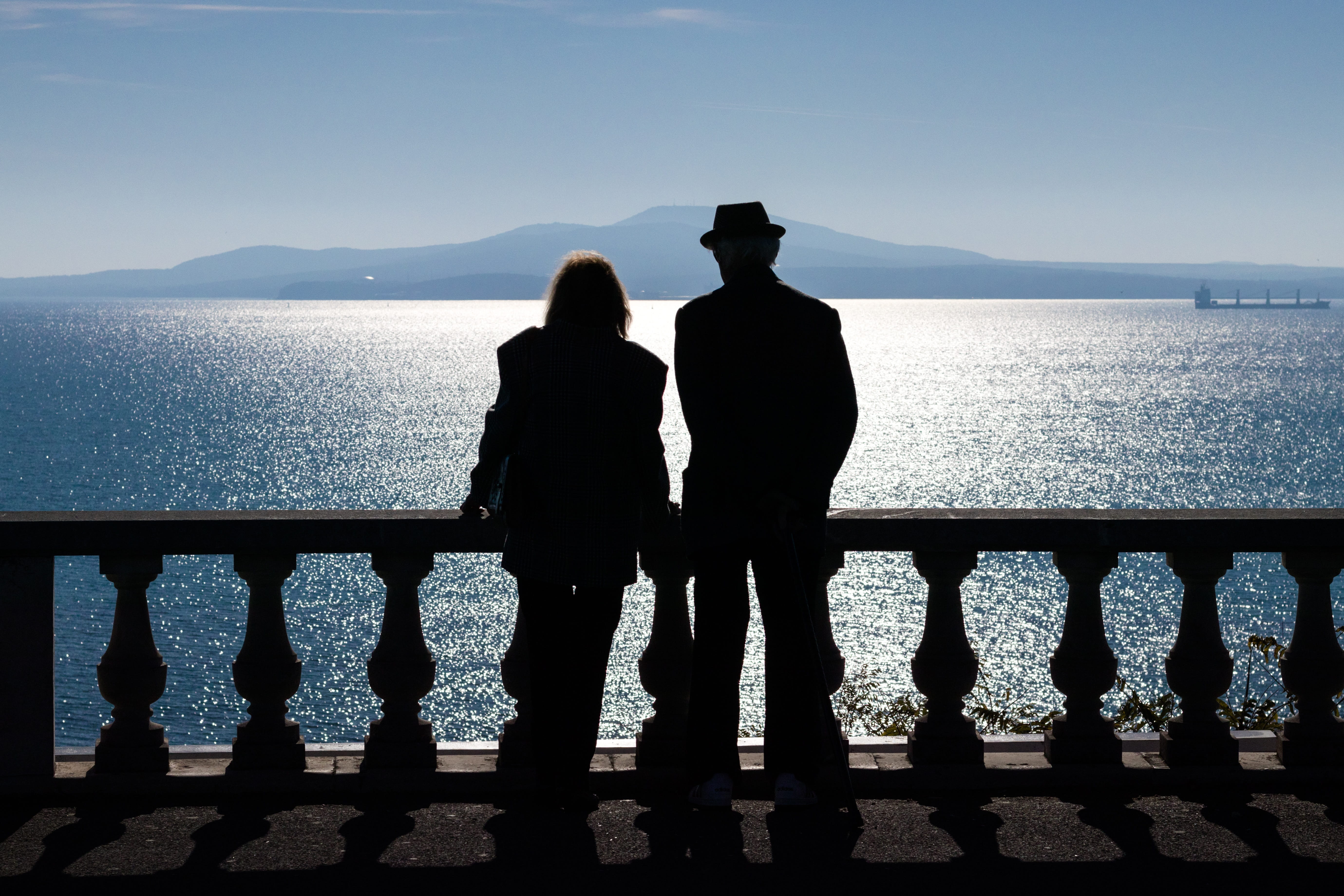 photo, old, couple, watching, sea, silhouette, blue, memory
