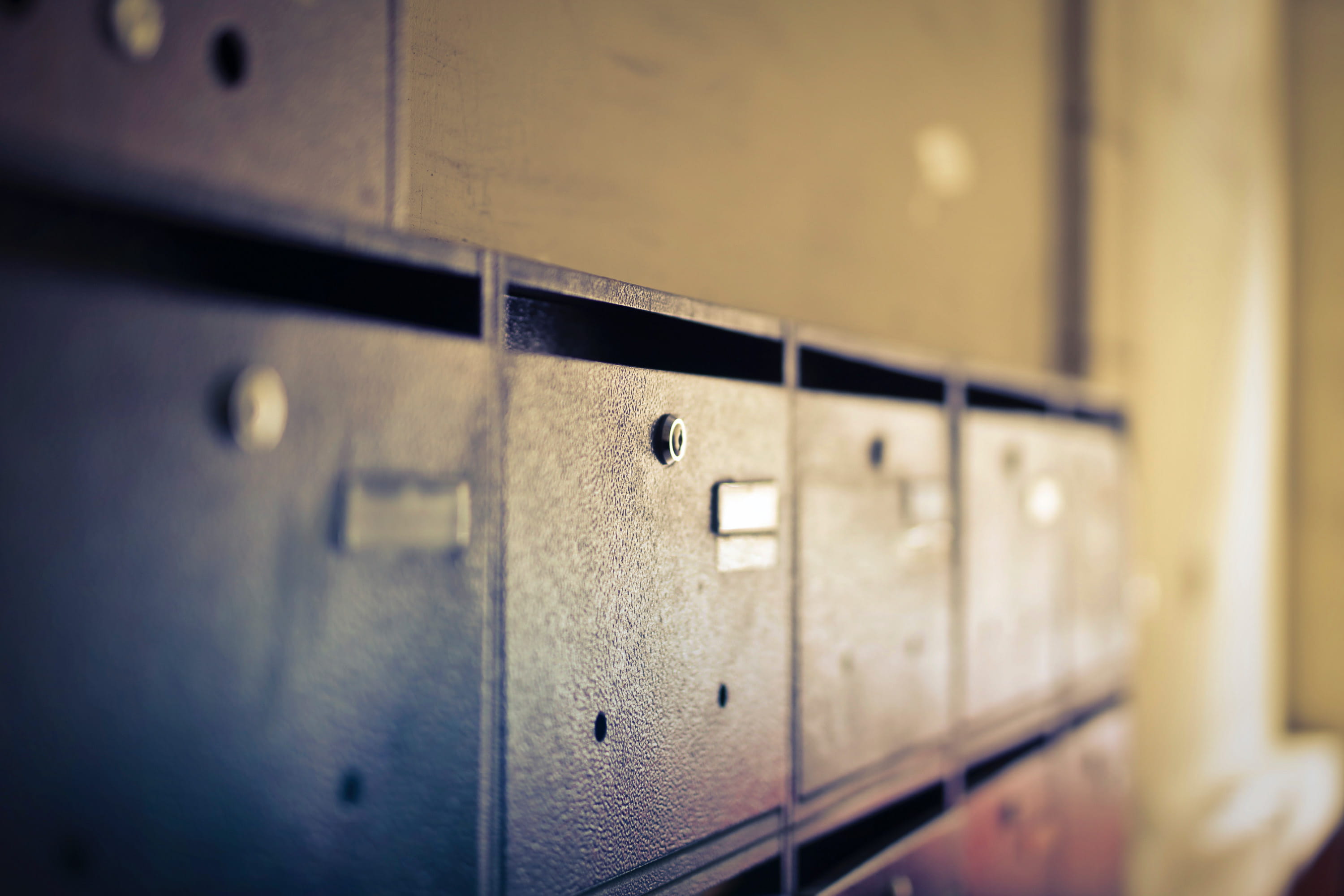Pigeon hole mailboxes with bokeh effect, antique, apartment, letter