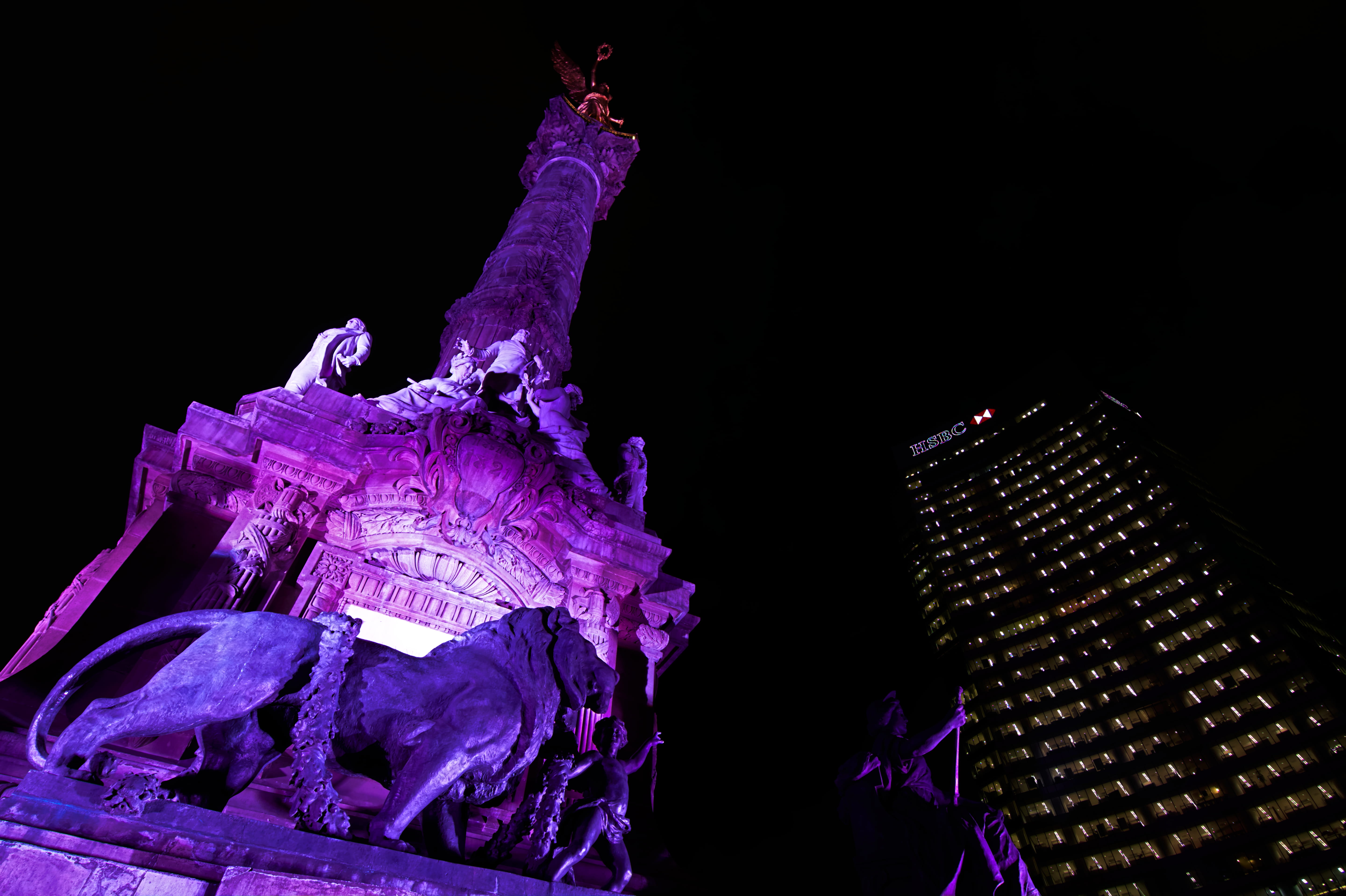 statue, purple, night, low angle, illuminated, architecture