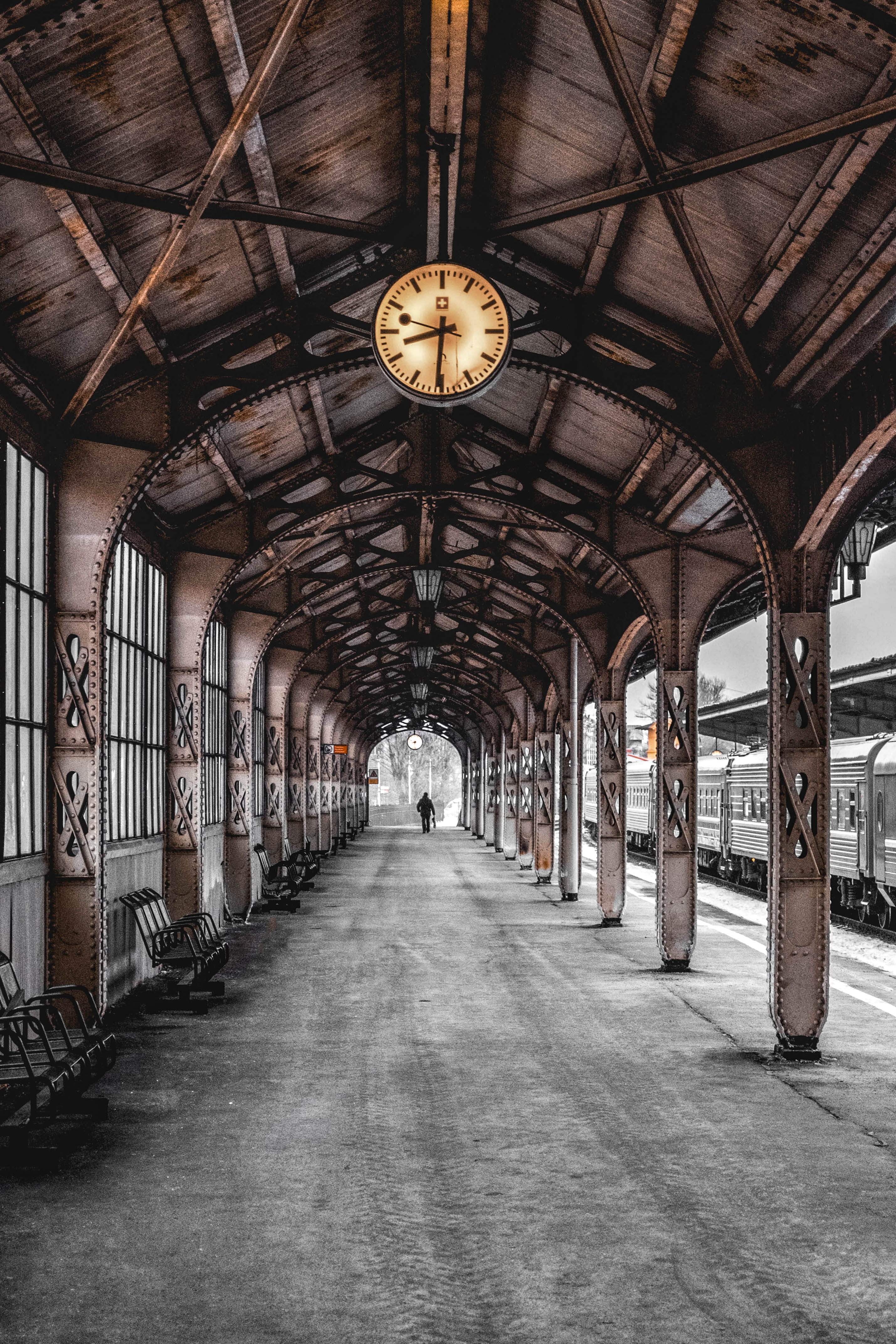 train station, architecture, built structure, ceiling, clock