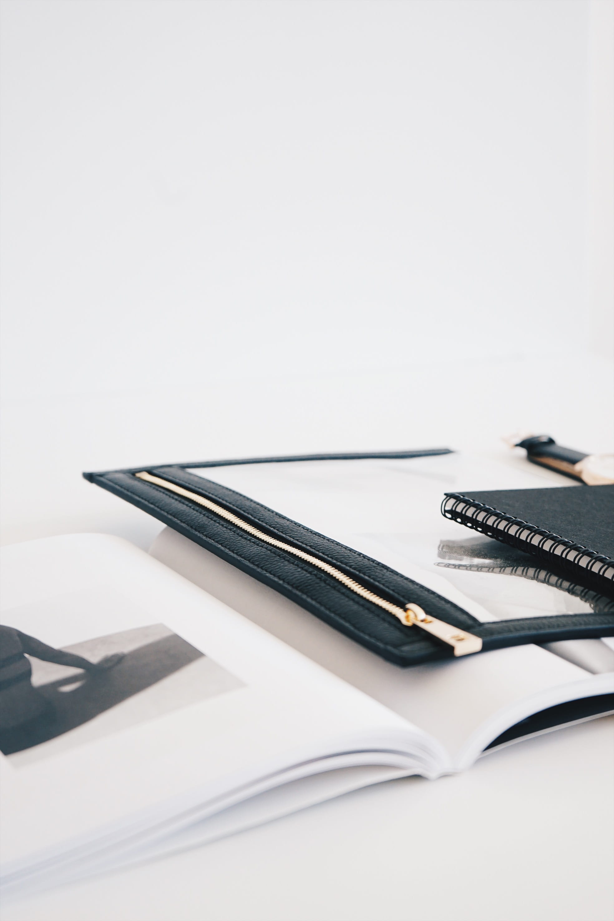 black leather wallet, folder, book, notepad, minimal, desk, workspace