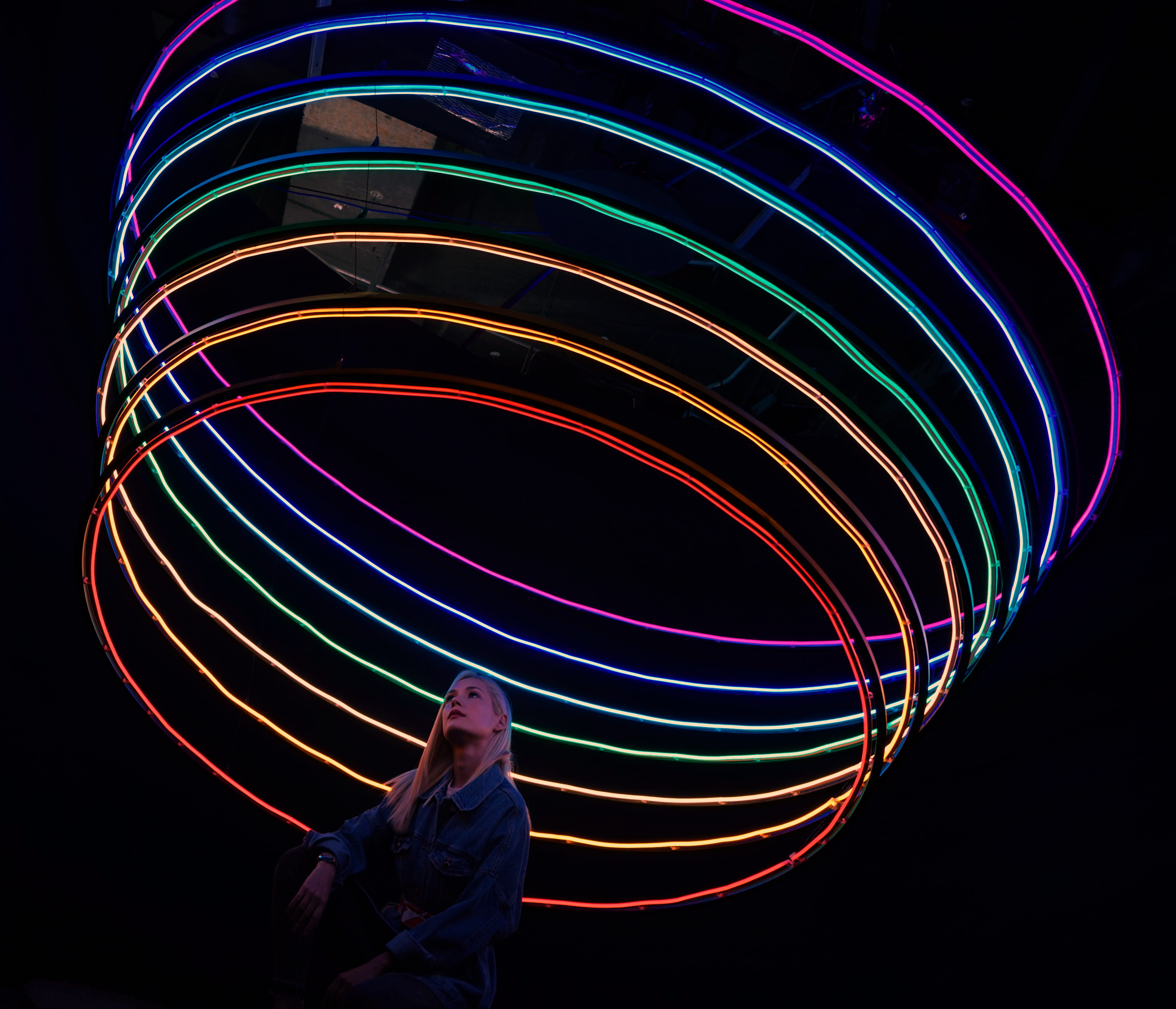 Neon lights, person, circle, rainbow, art installation, dark