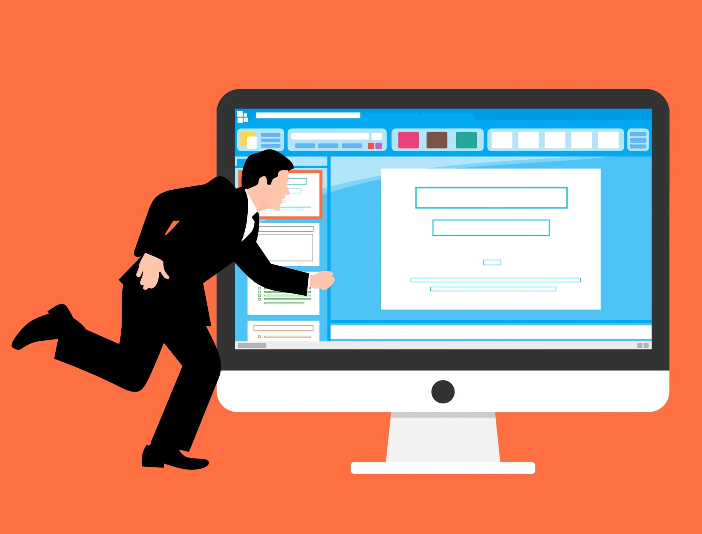 Illustration of business man hurrying to update his website design