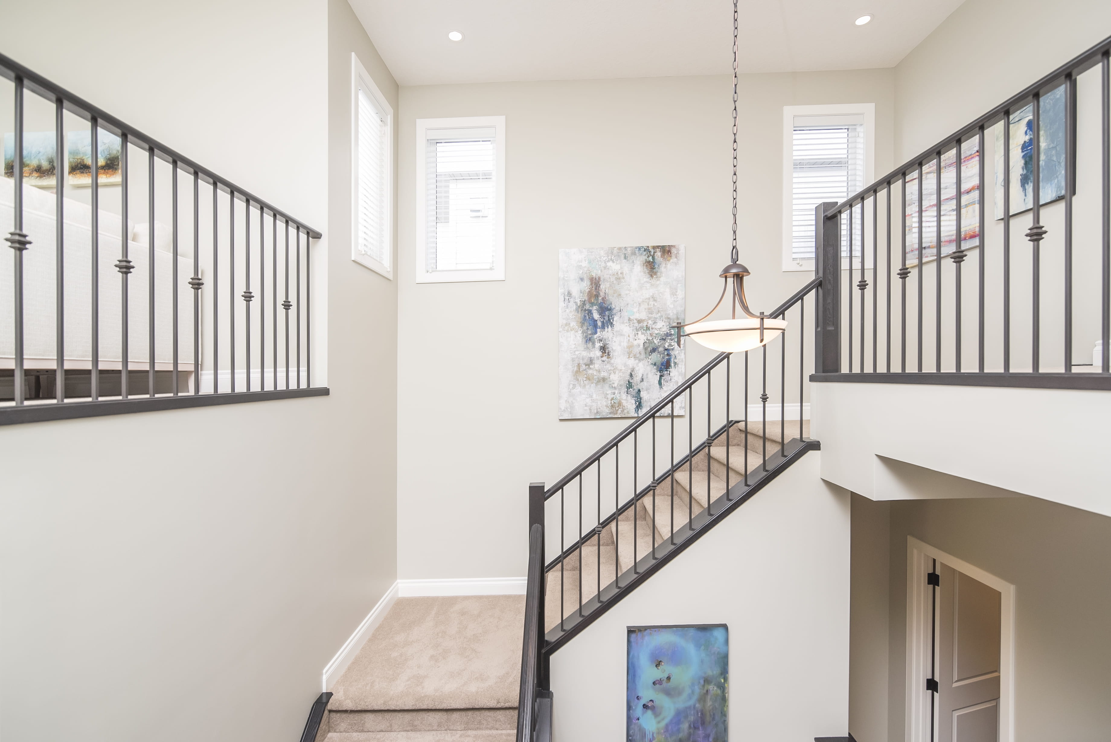 lighted white pendant lamp, architecture, built structure, staircase