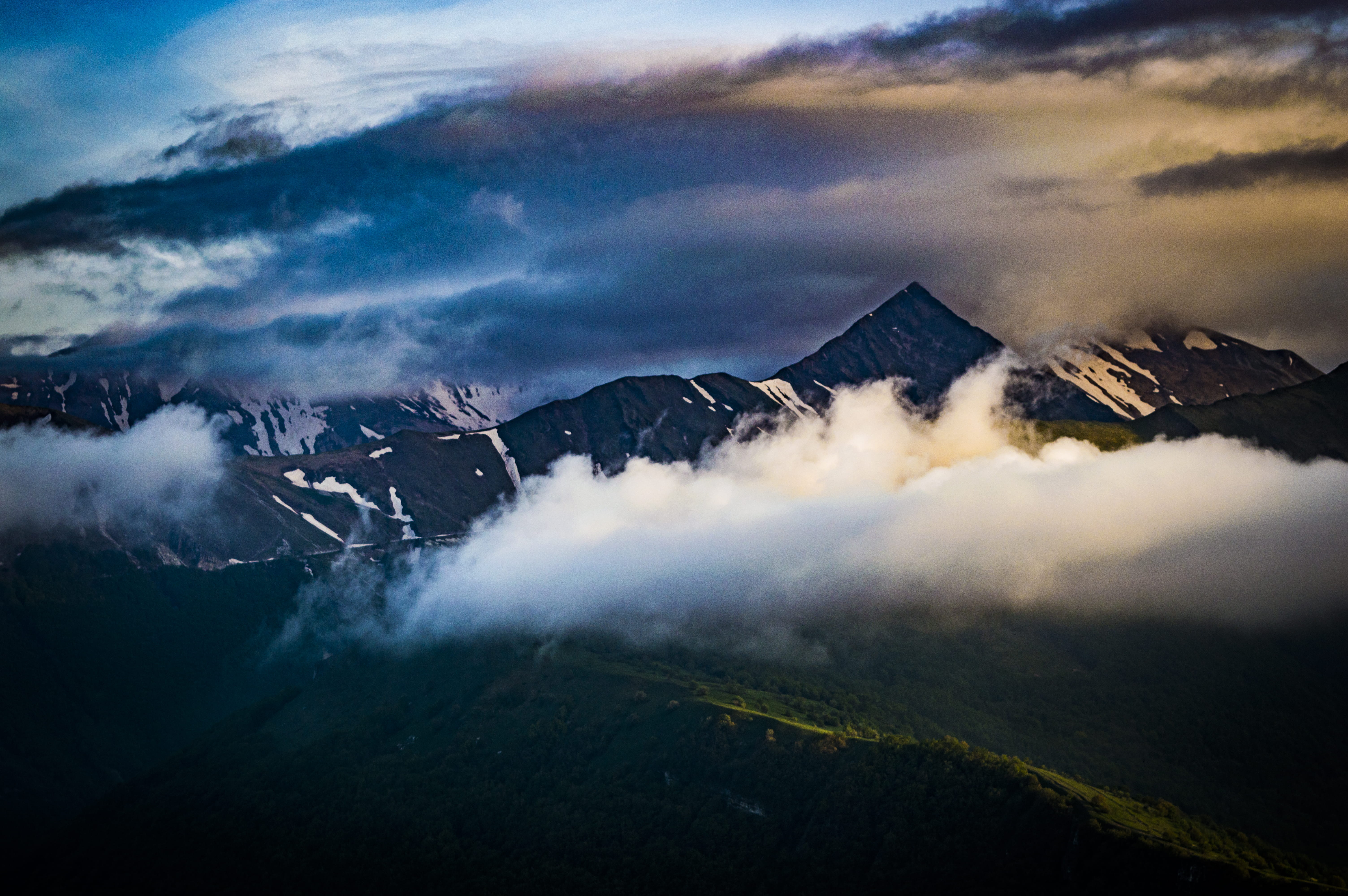 Cumulus Clouds Over Mountain Peak, cloudscape, dawn, landscape