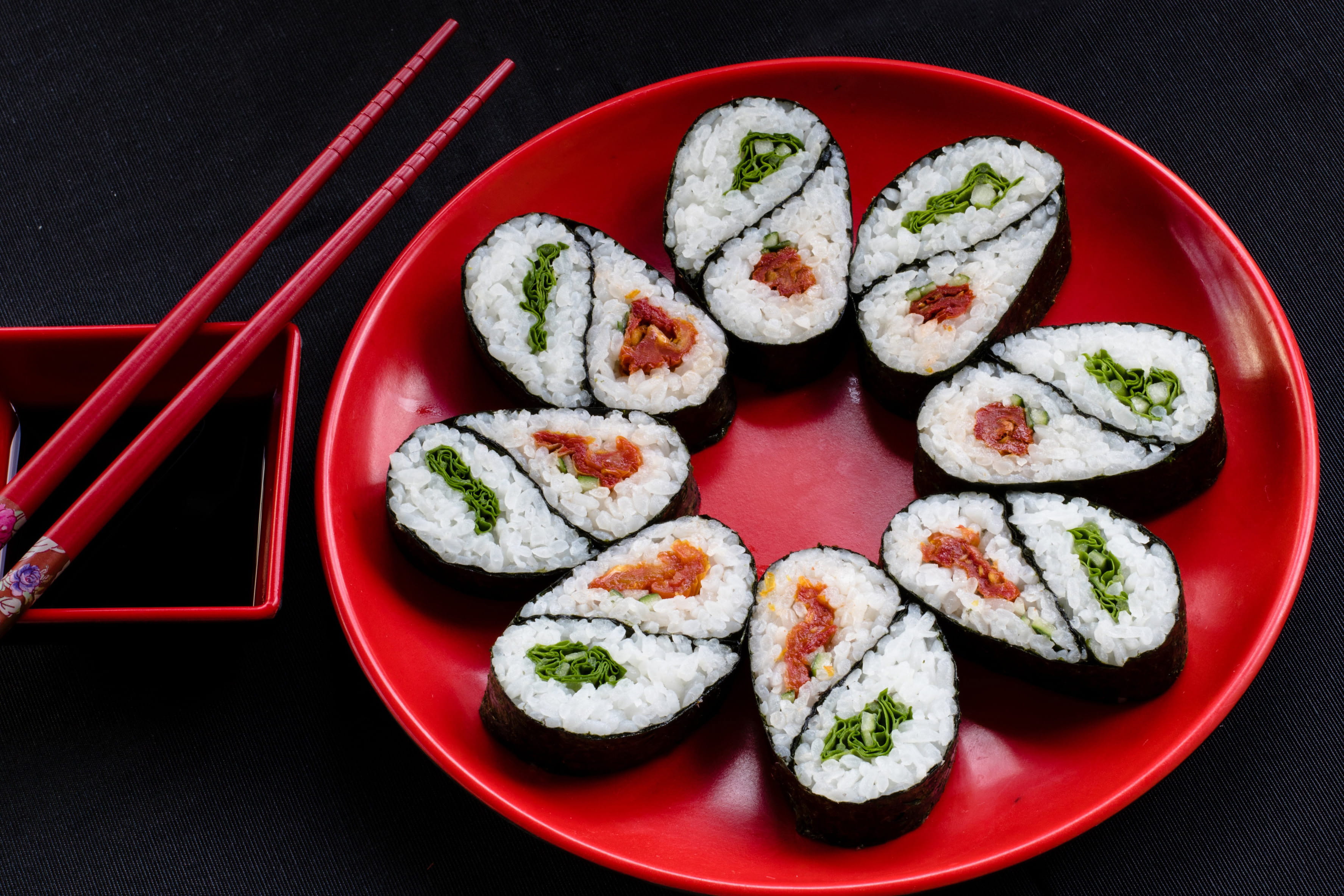 Sushi on Red Plate, food and Drink, hD Wallpaper, japanese food