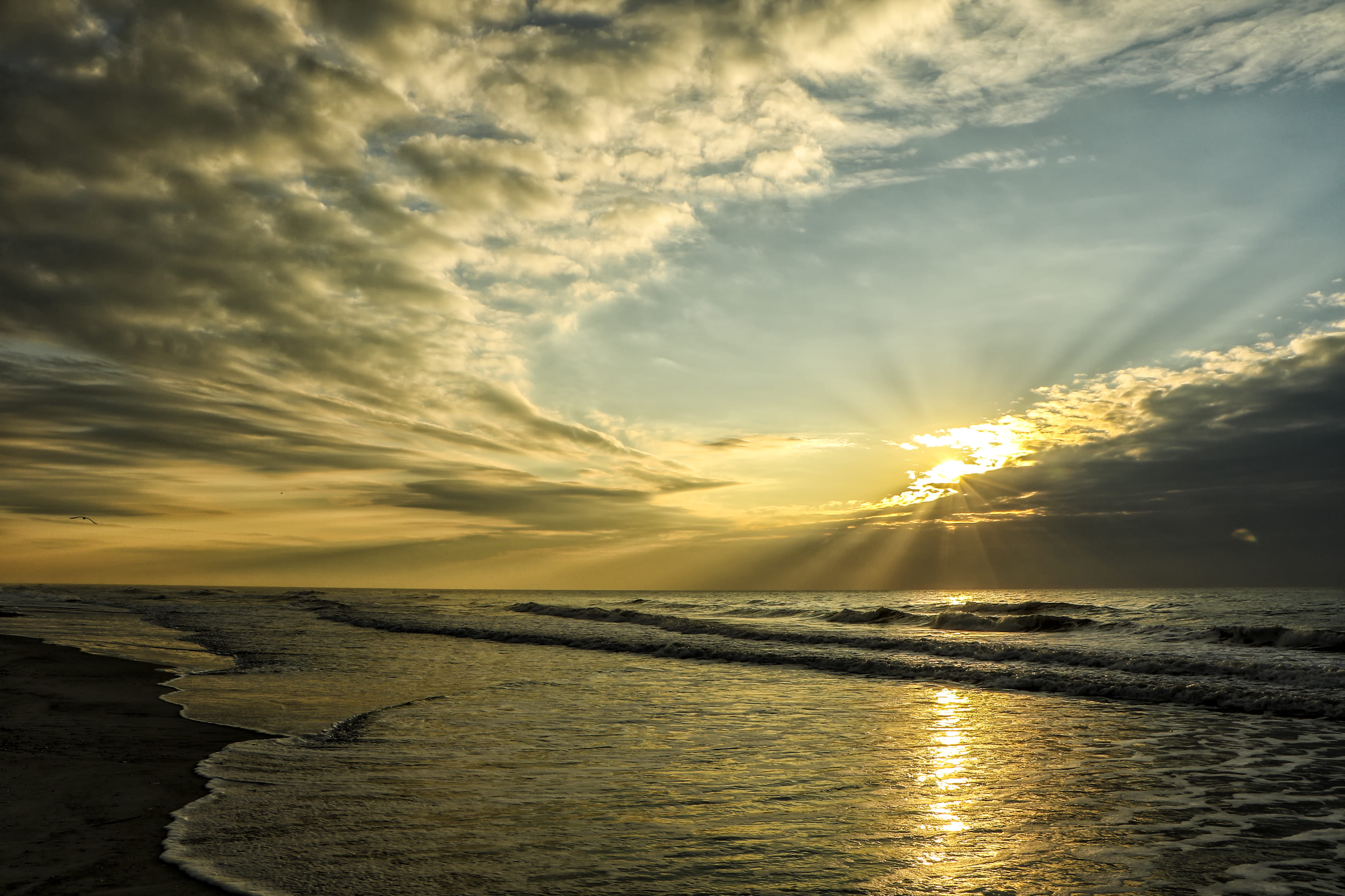 sunrise, clouds, cool, ocean, waves, water, sky, cloud - sky