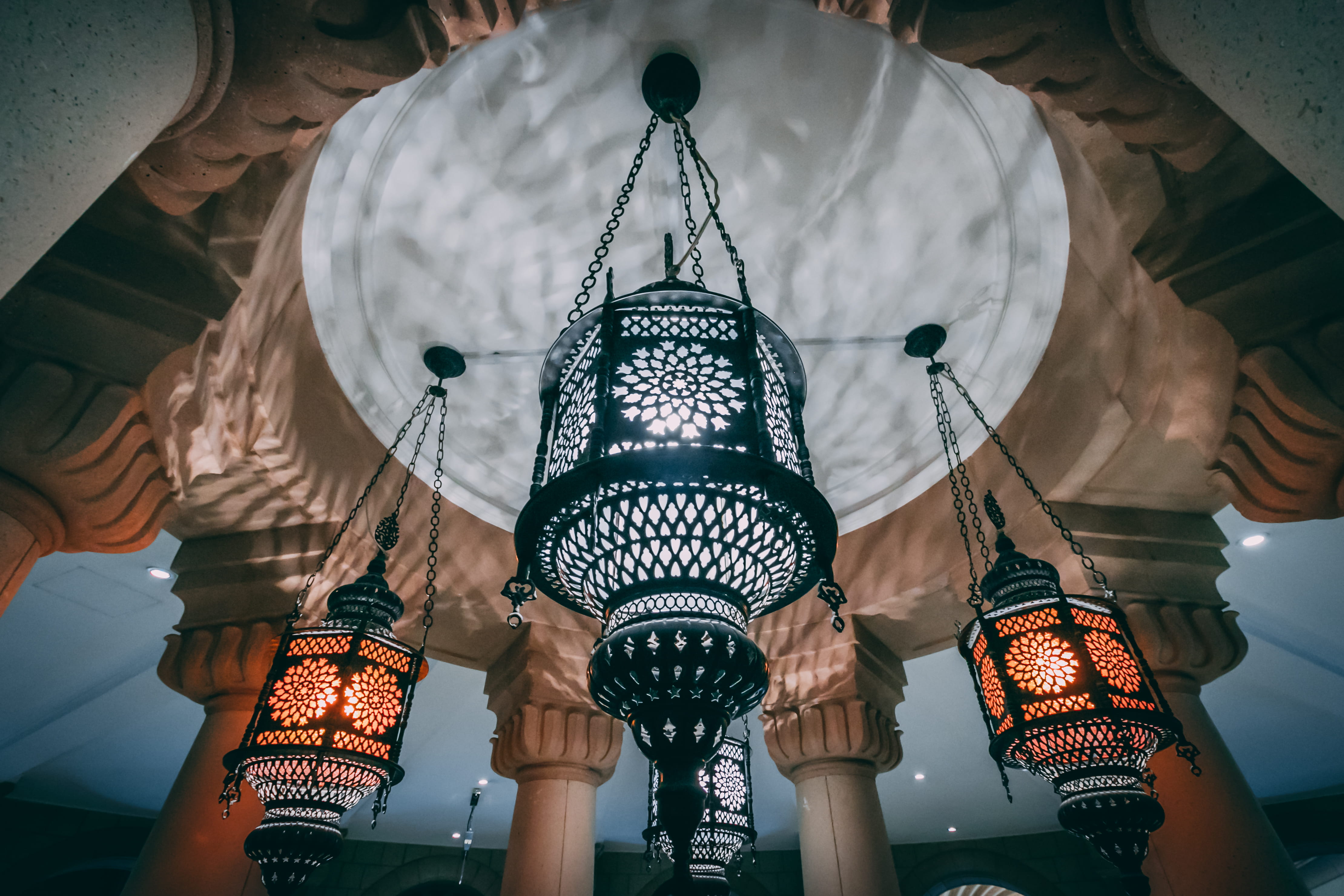 mosaic projecting lamp hanging on the ceiling, low angle view