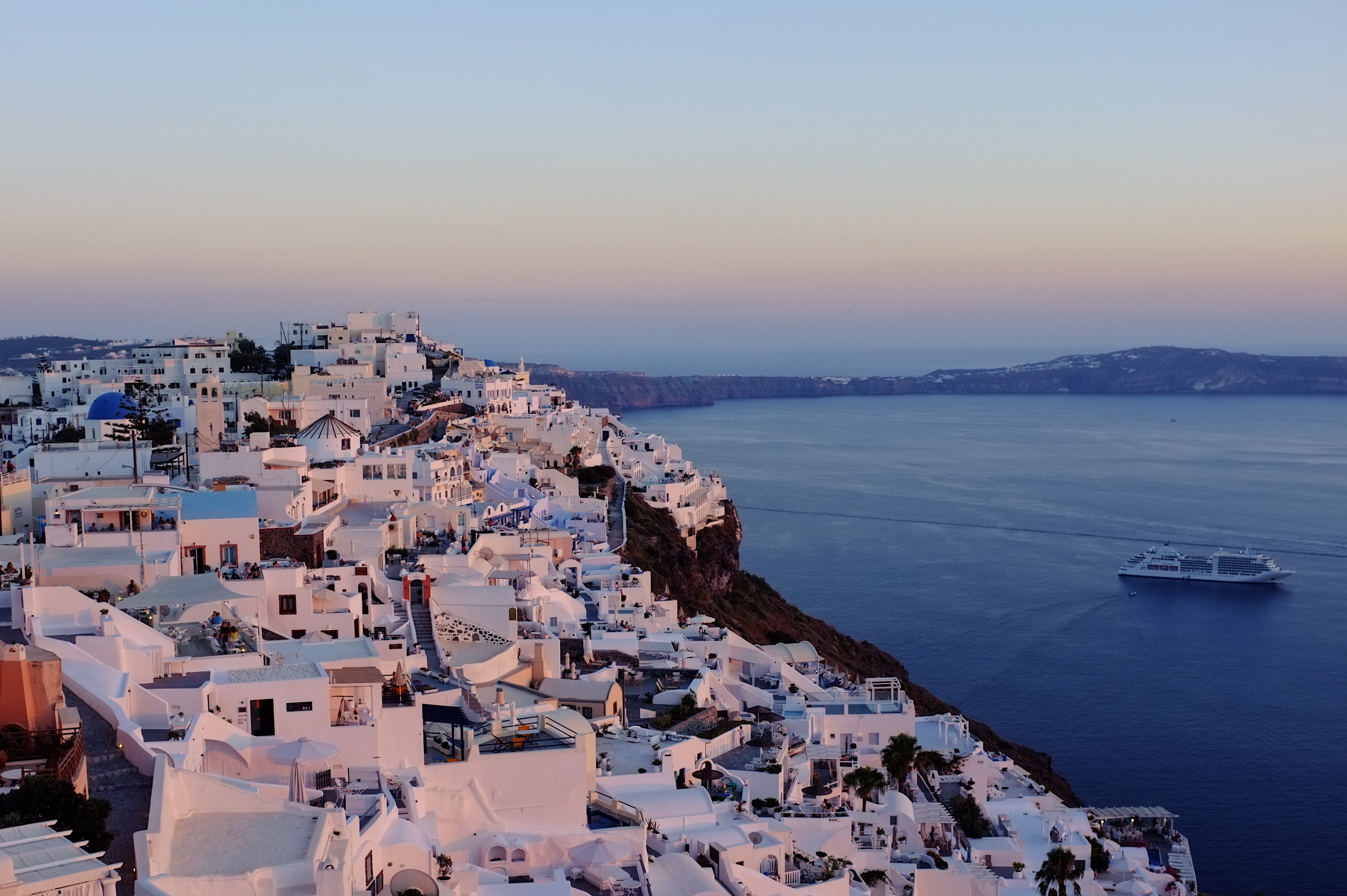 greece, fira, santorini, sunset, travel, island, architecture