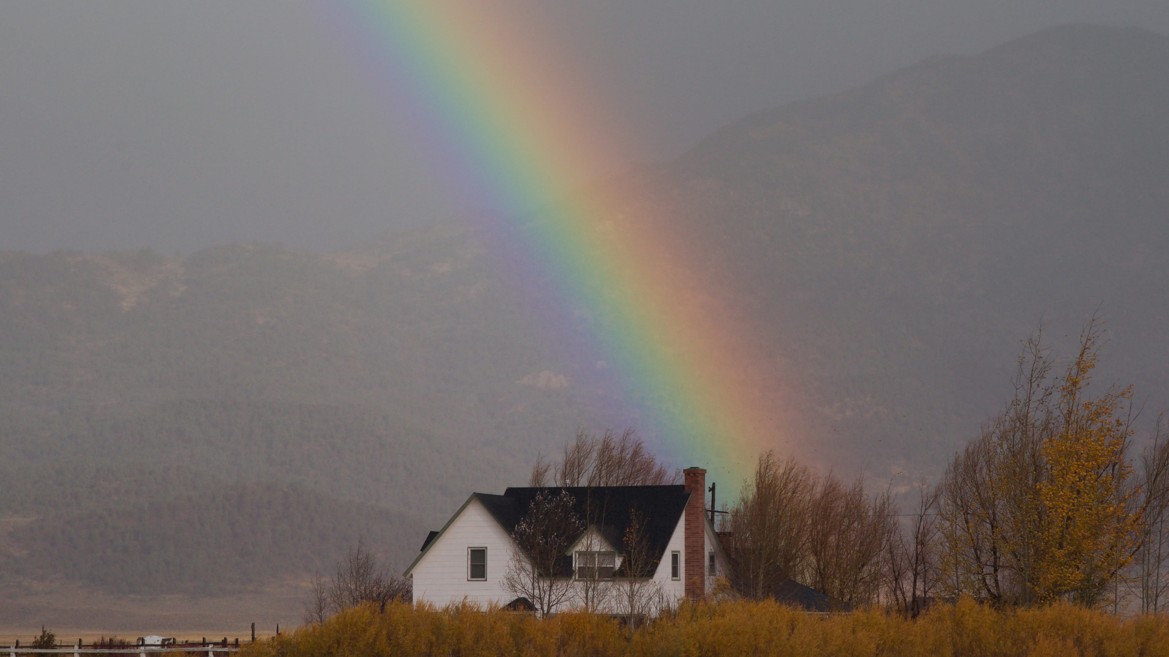 rainbow, house, magic, mountains, built structure, architecture