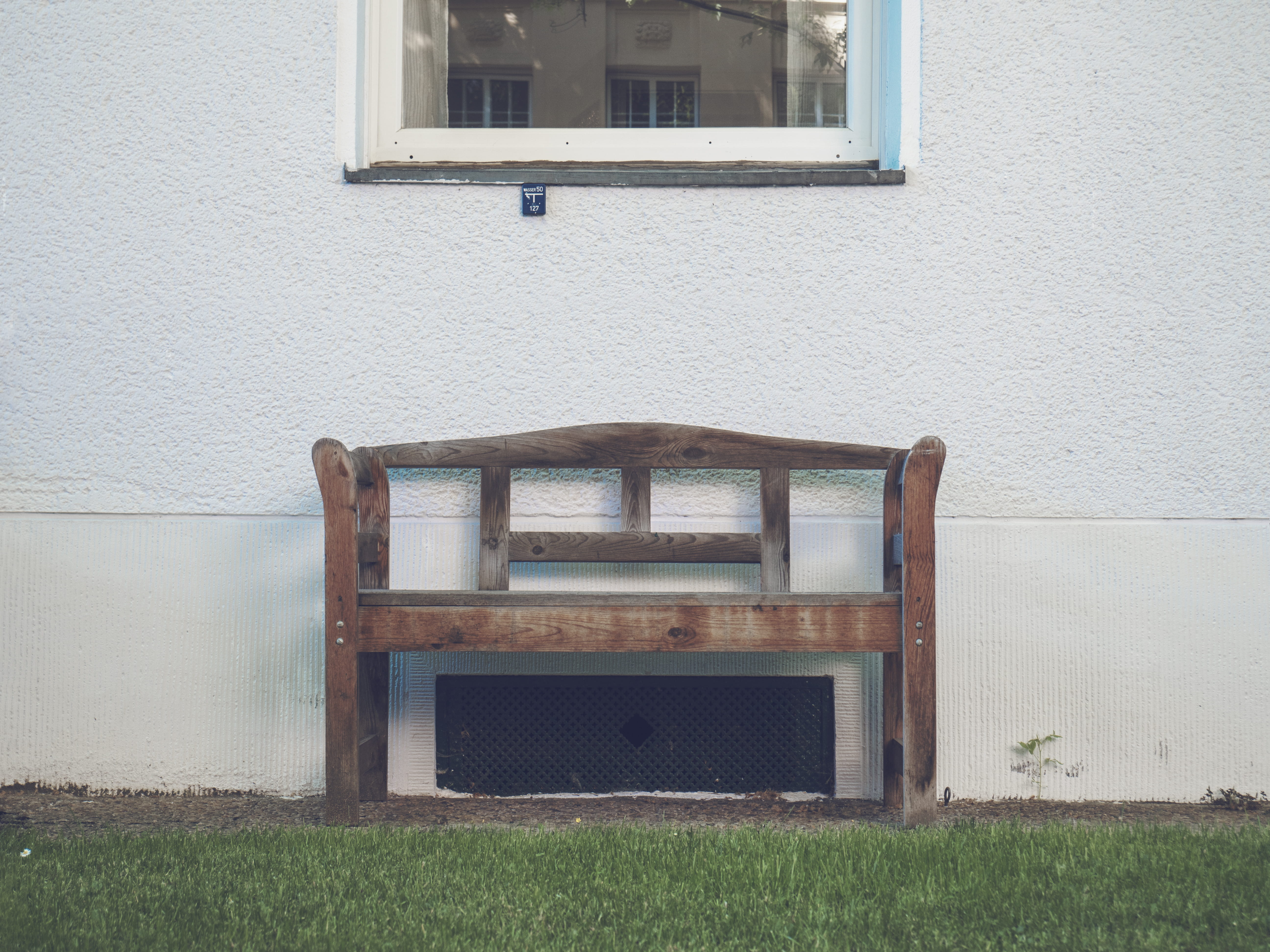 bench, wall, facade, window, grass, white, texture, wood, urban