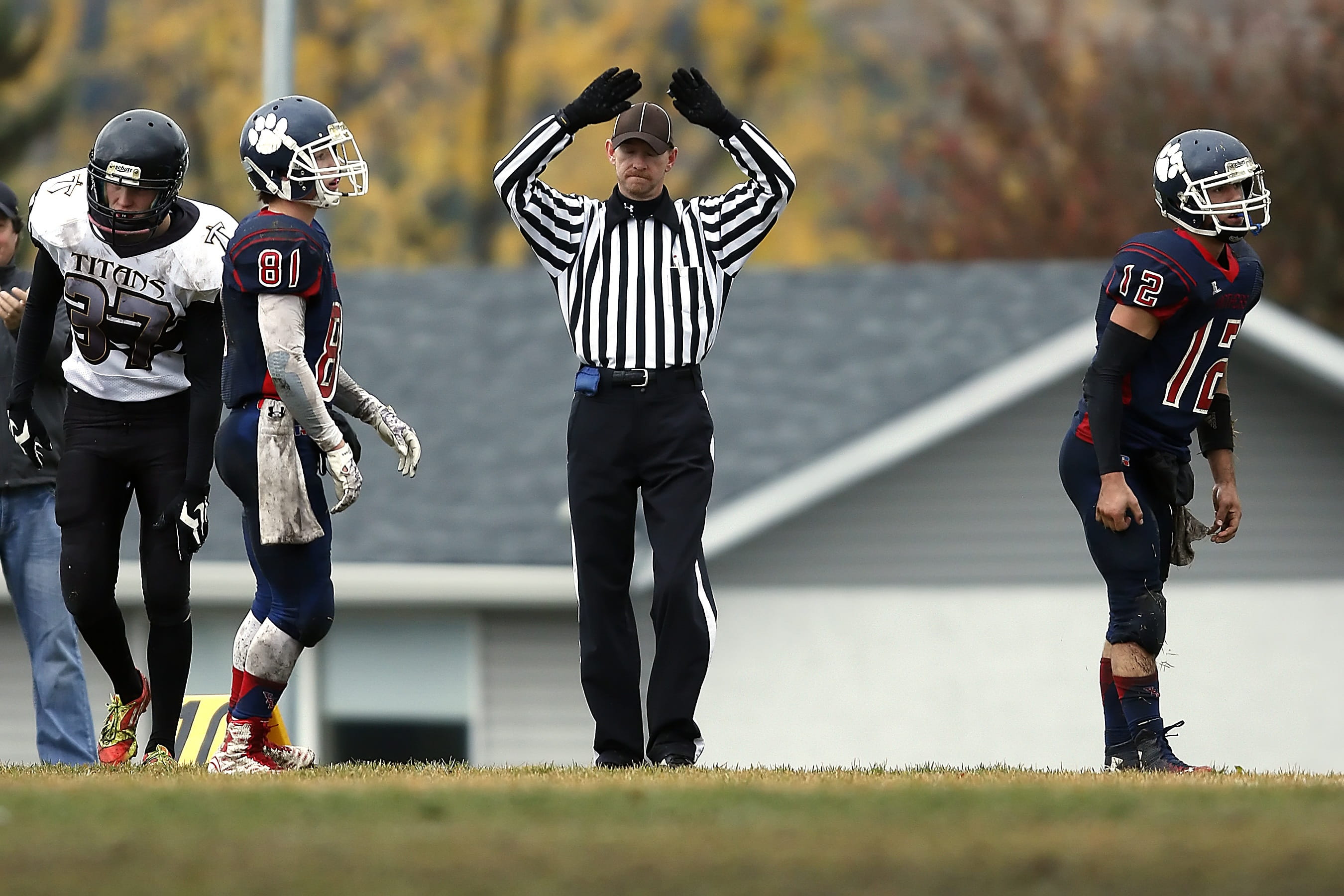 Referee Between 3 Football Player, action, adult, American football
