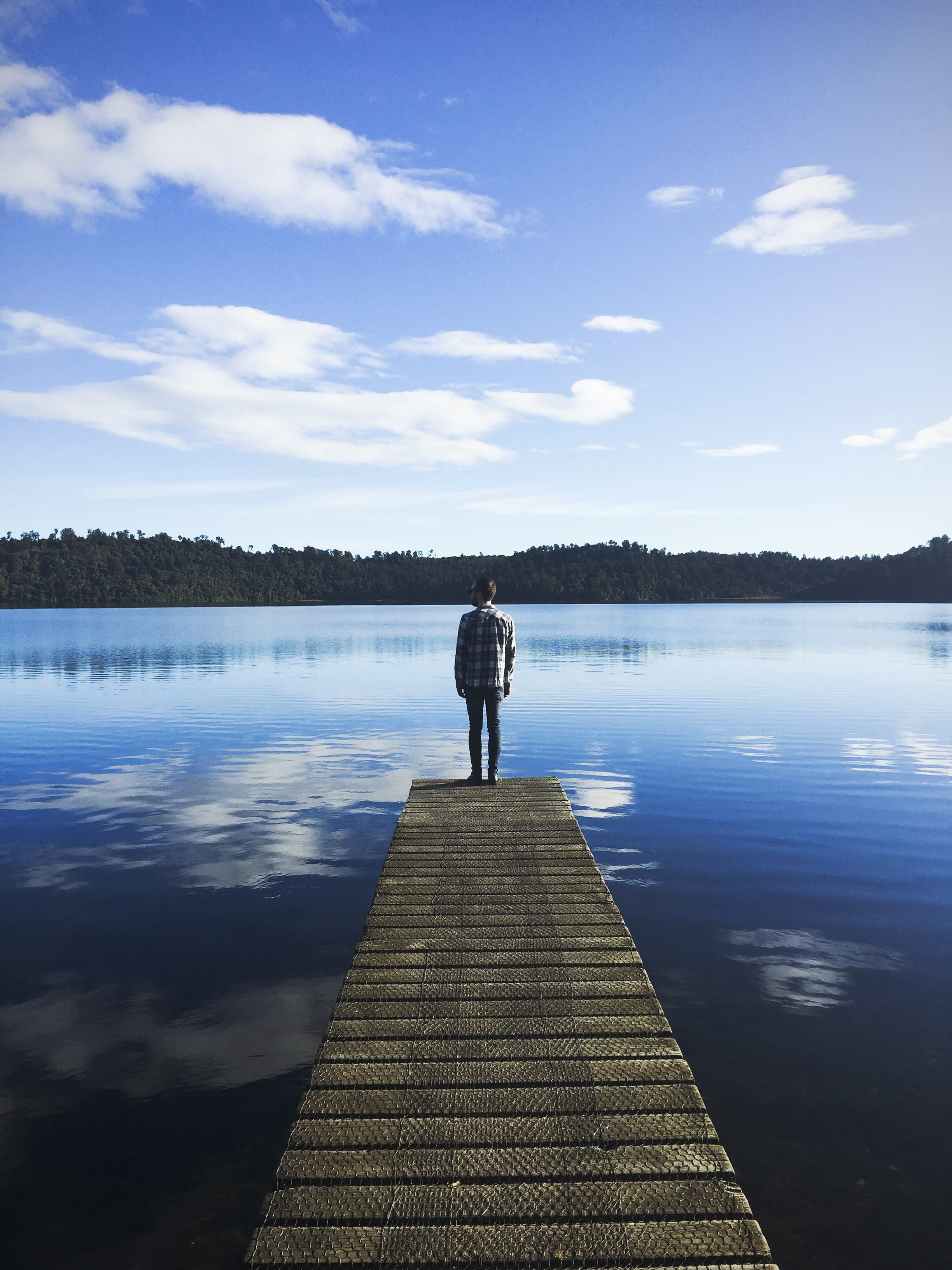 jetty, pier, person, man, male, standing, looking, water, lake