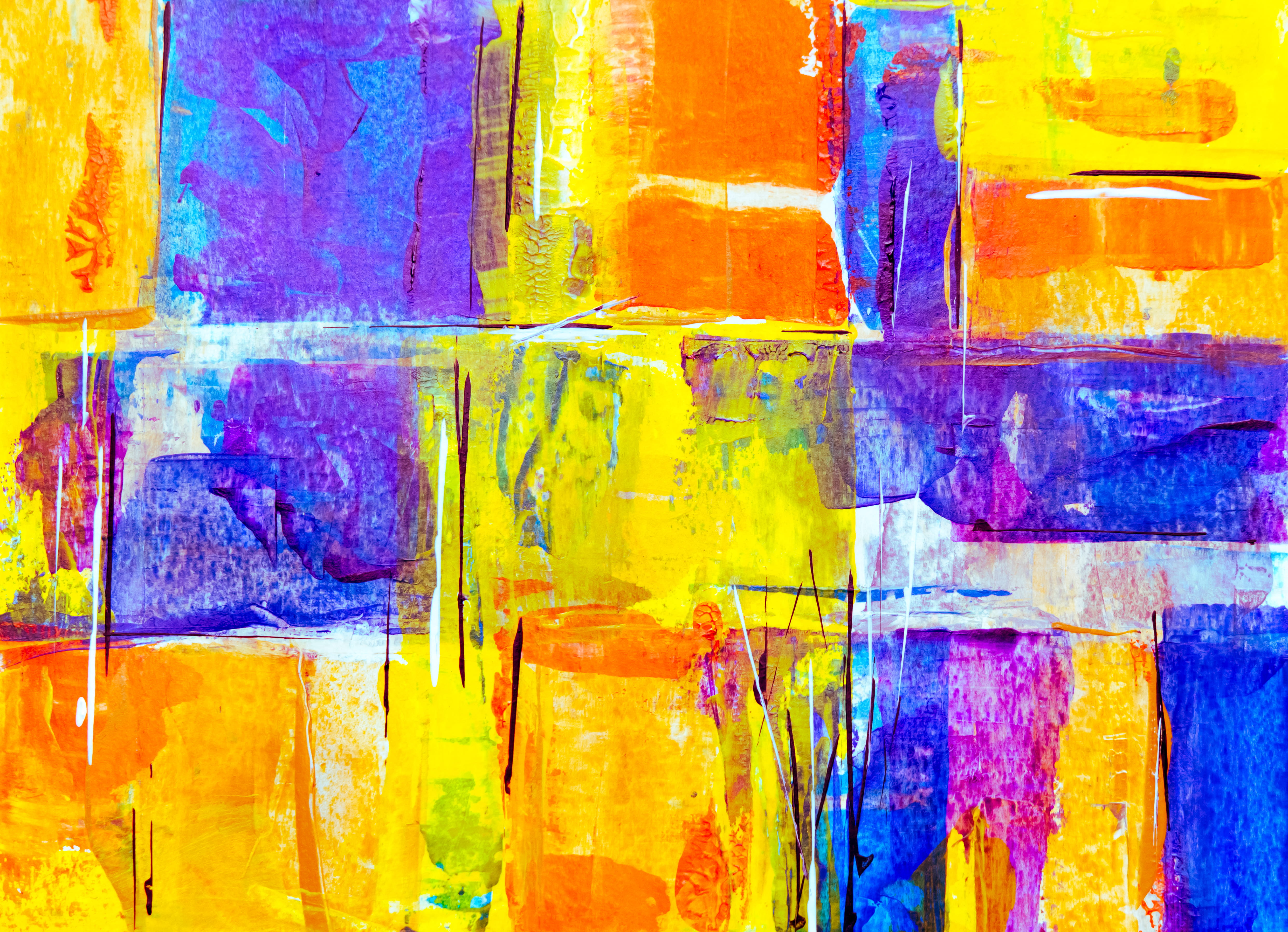 Yellow, Orange And Blue Abstract Painting, abstract expressionism