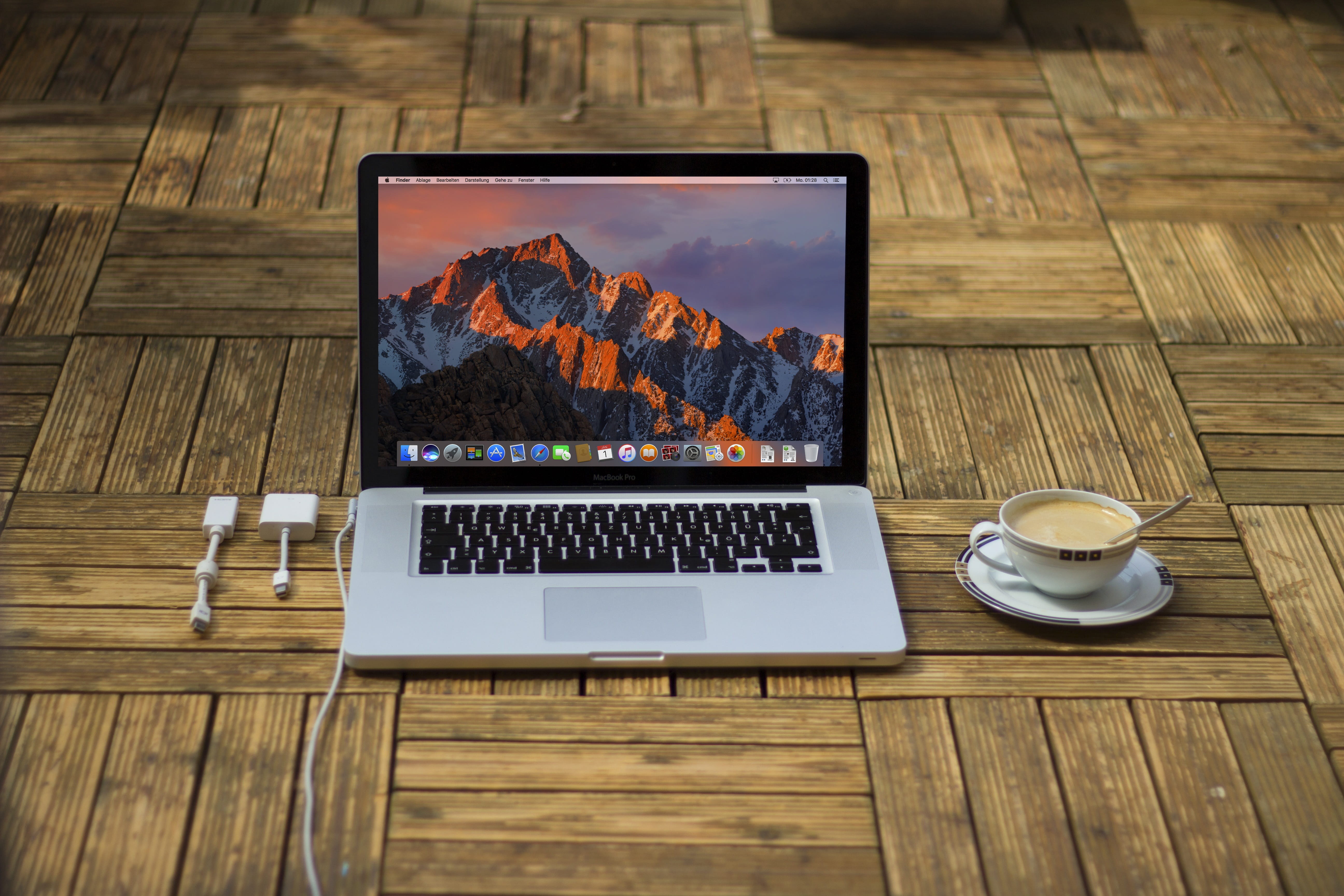 macbook, coffee, computer, wireless technology, wood - material