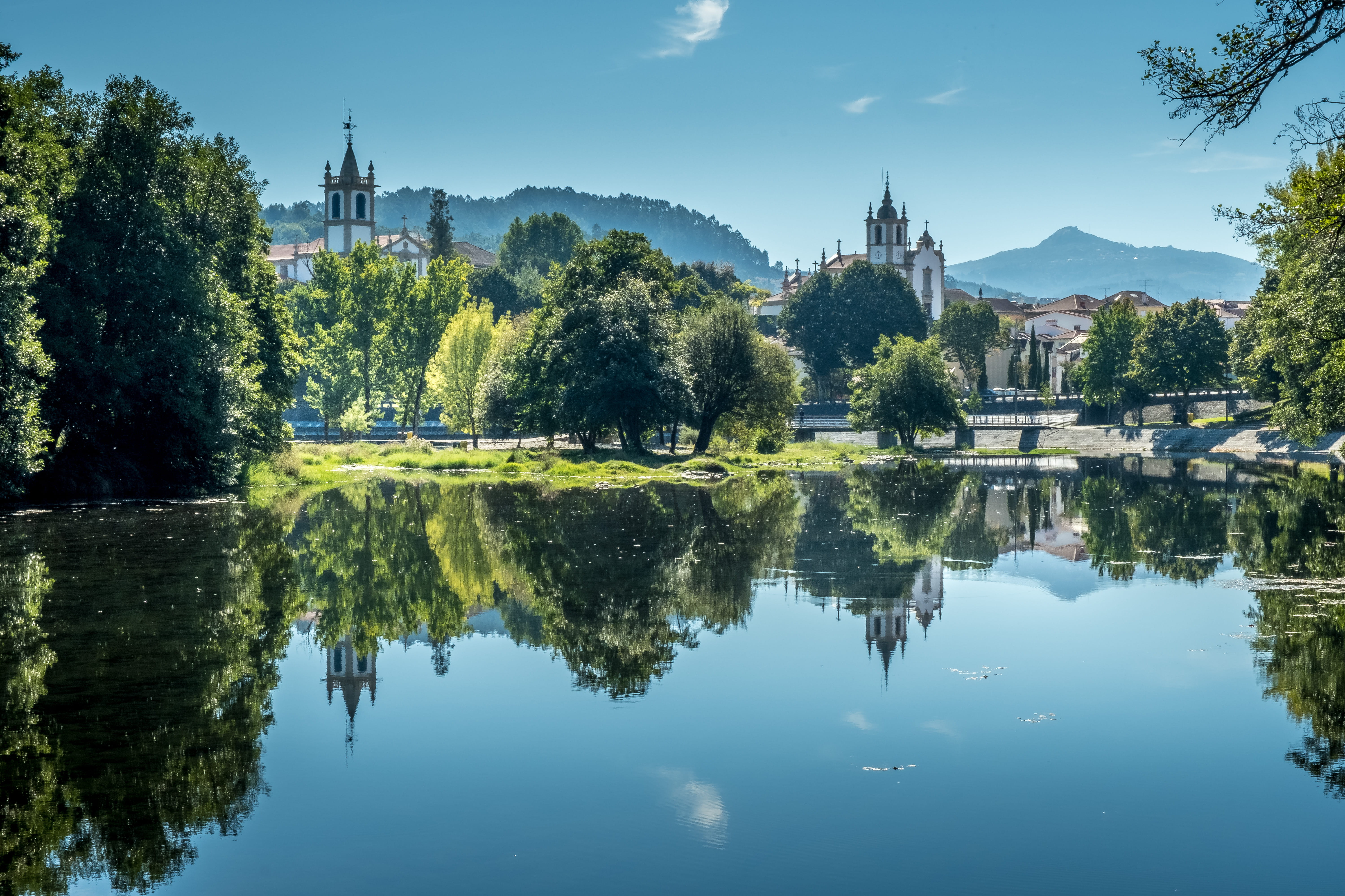 water between trees, nature, outdoors, steeple, architecture