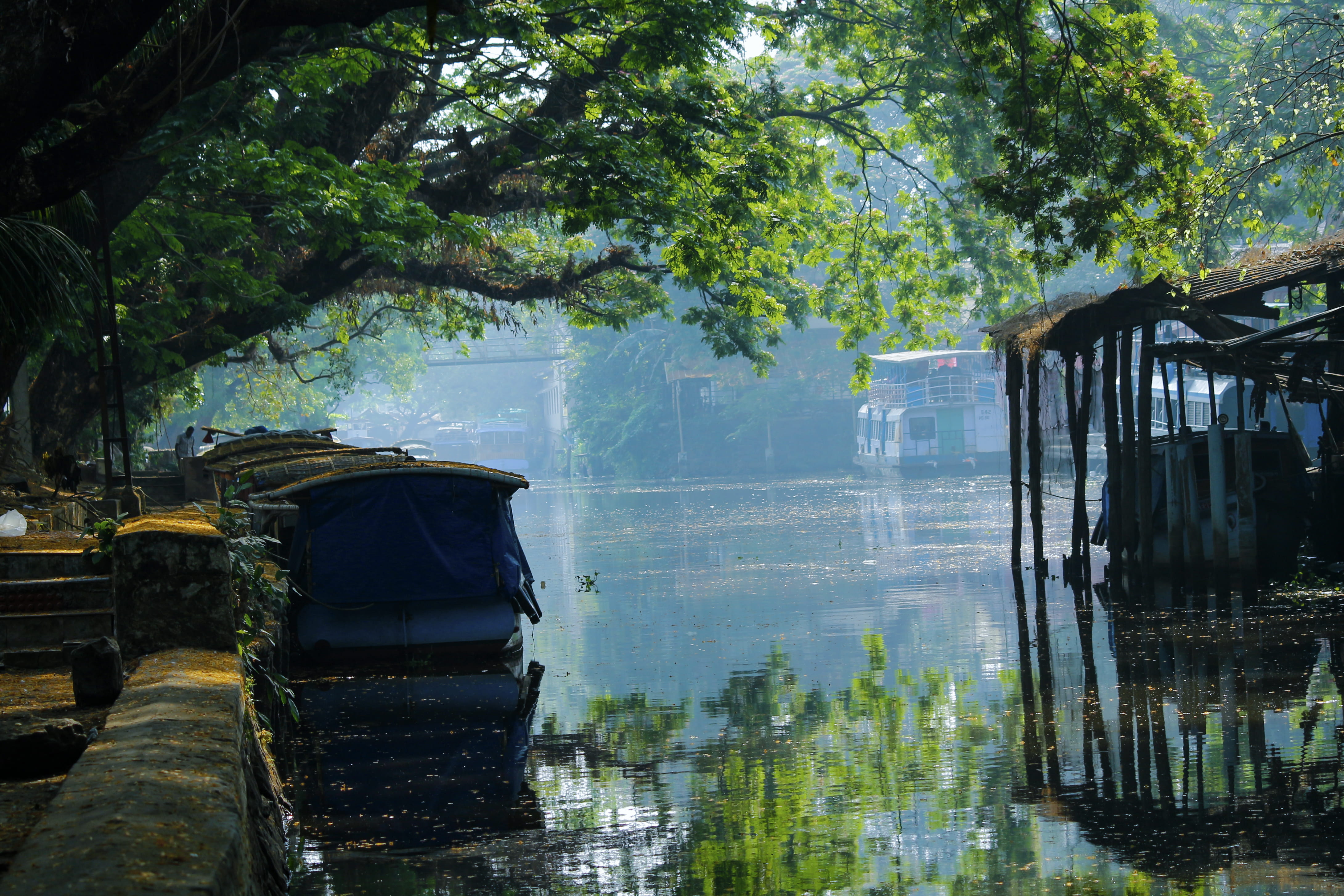 india, mullakkal, alleppey boat jetty, reflection, backwater