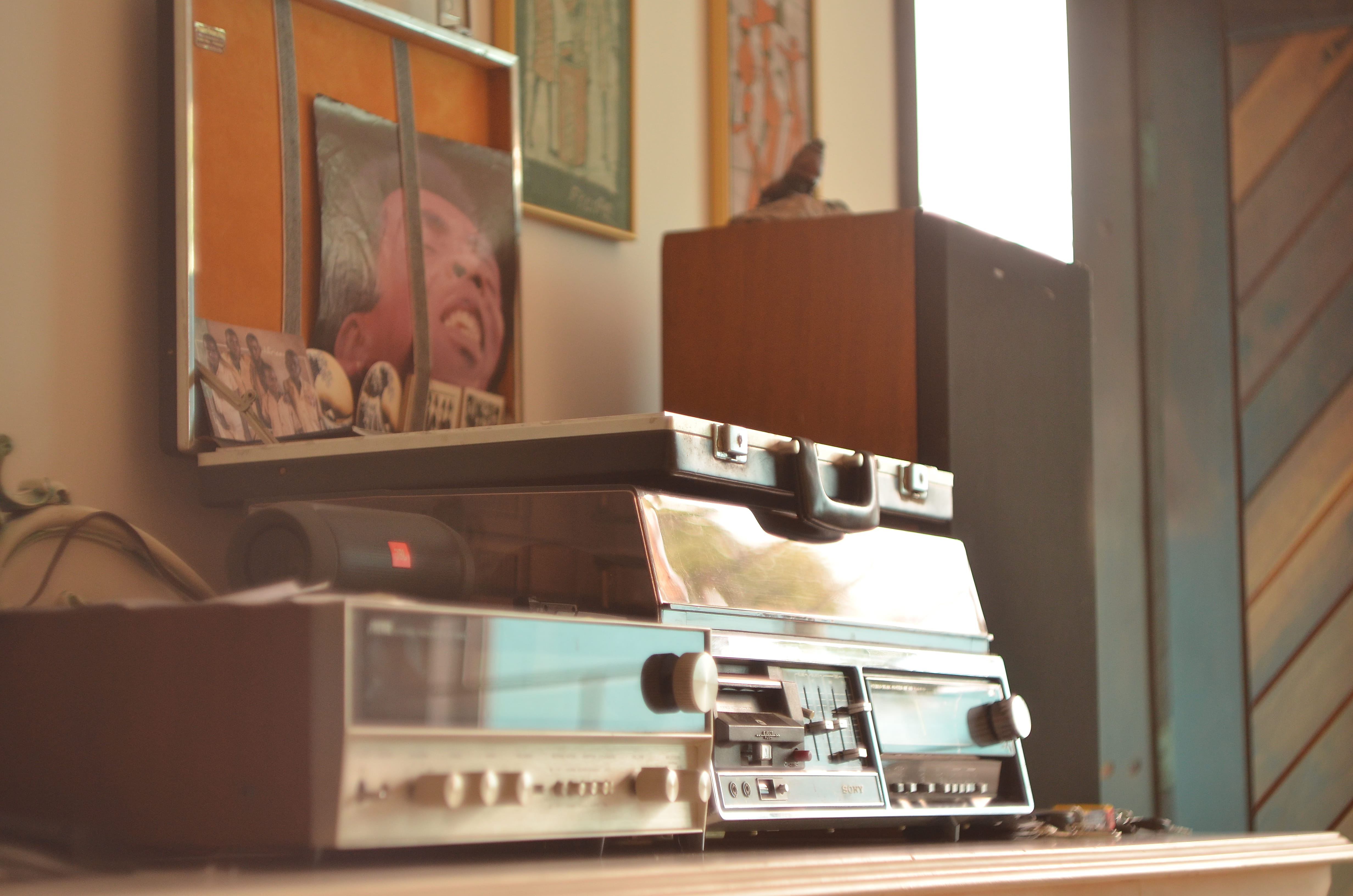 gray stereo component on table indoors, technology, retro styled