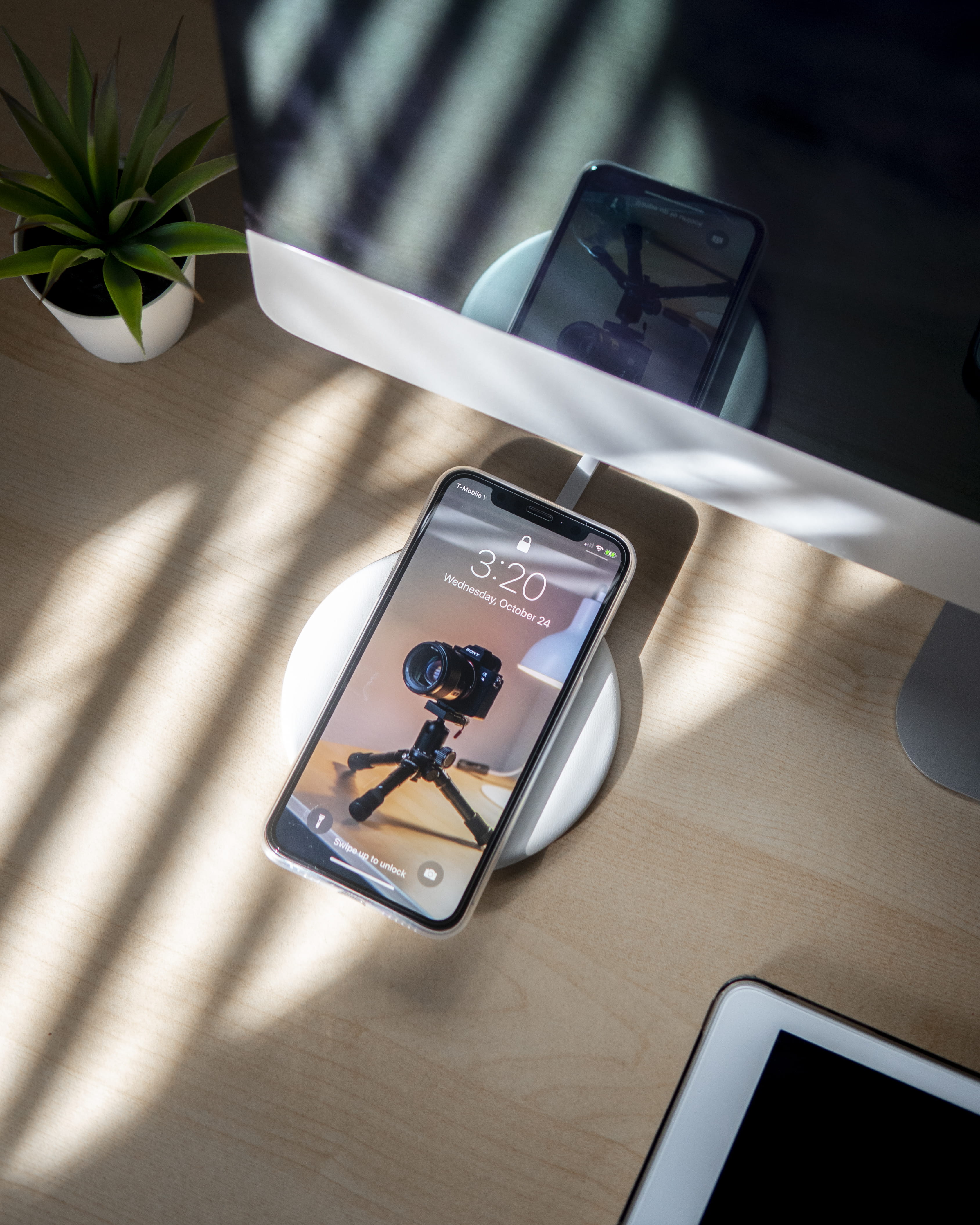 post-2016 iPhone, communication, table, high angle view, technology