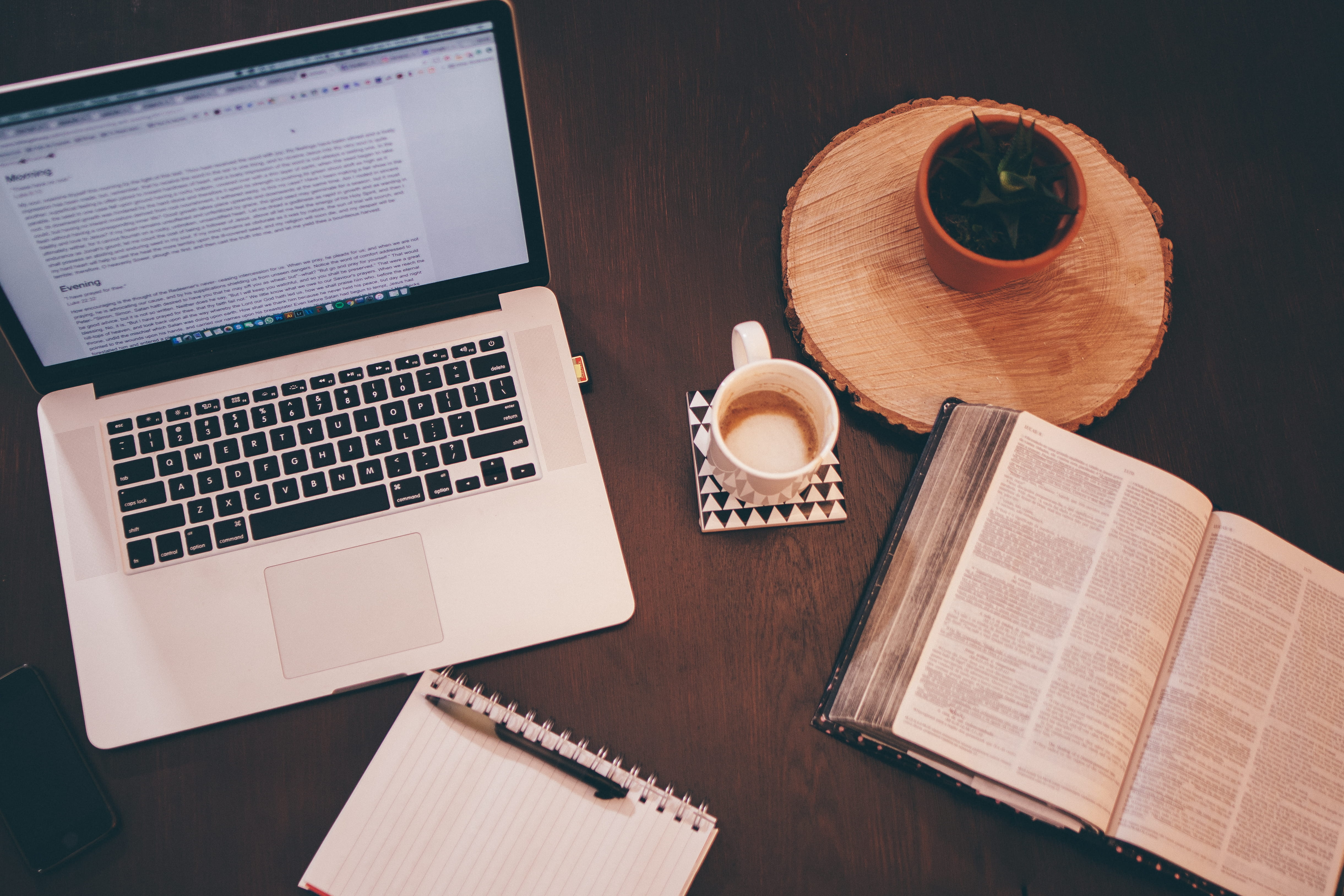 bible study, devotional, coffee, table, computer, notepad, technology