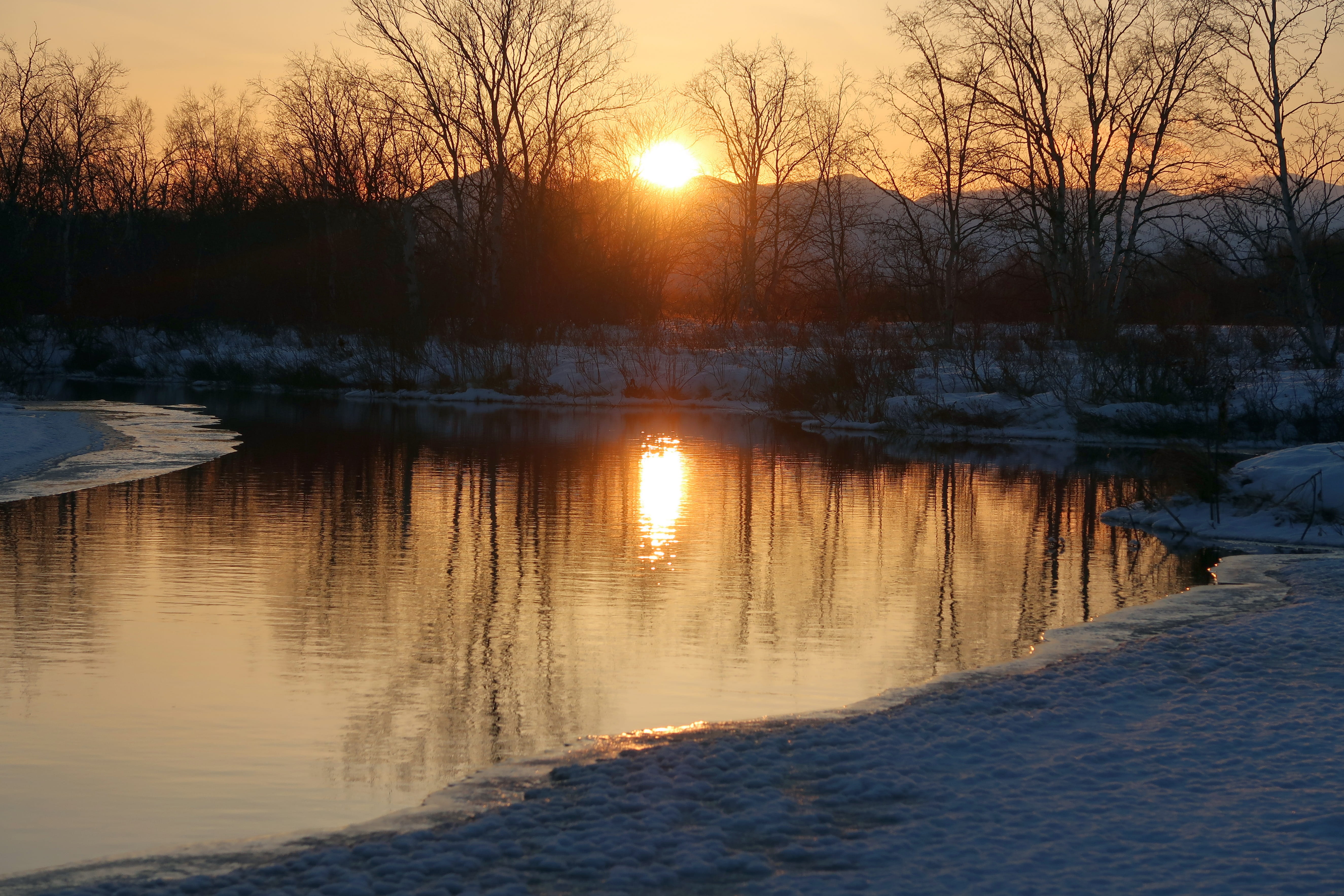 sunset, evening, river, reflection, winter, snow, frost, cold