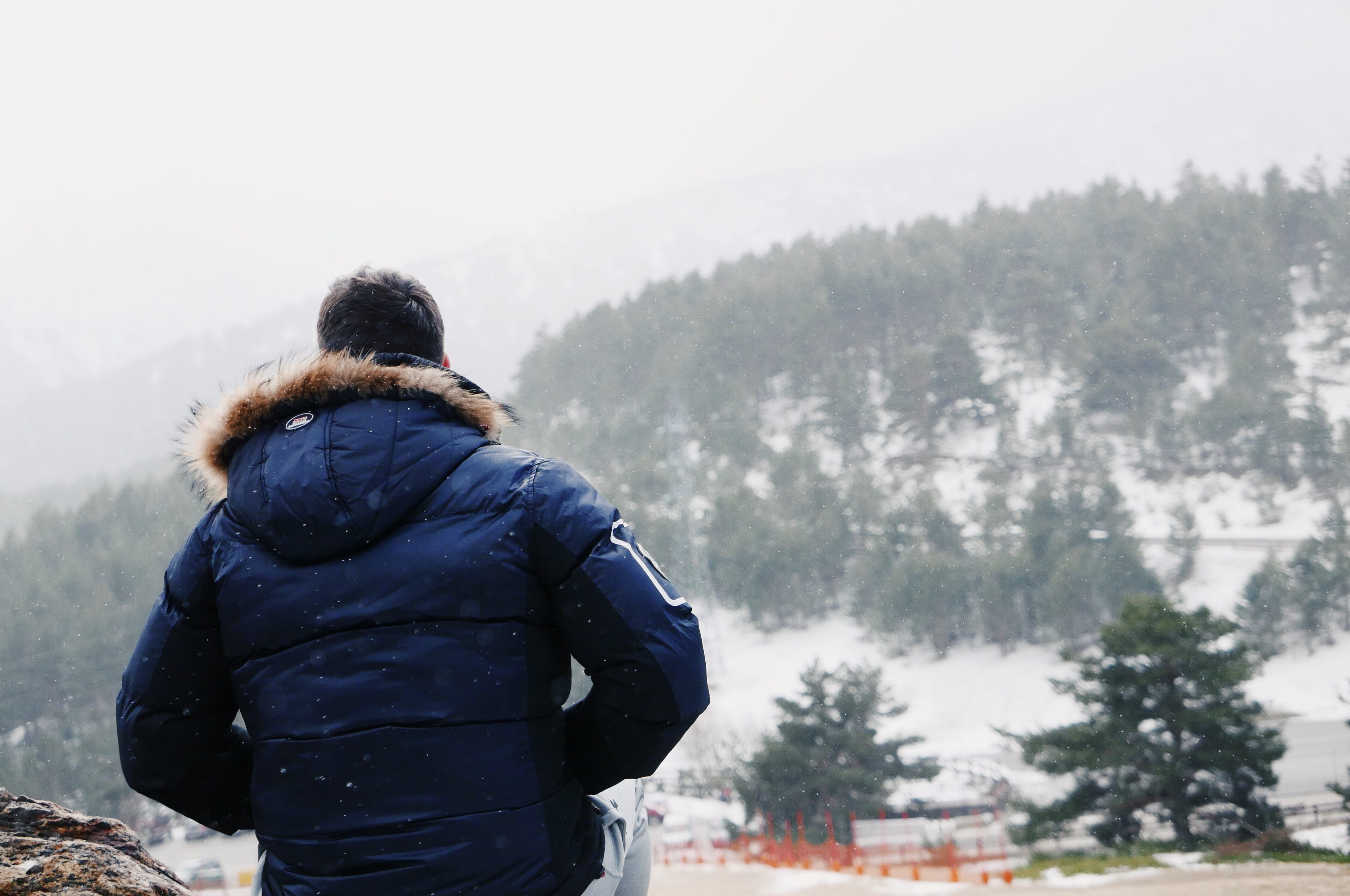 winter, looking, people, landscape, snow, mountain, rear view