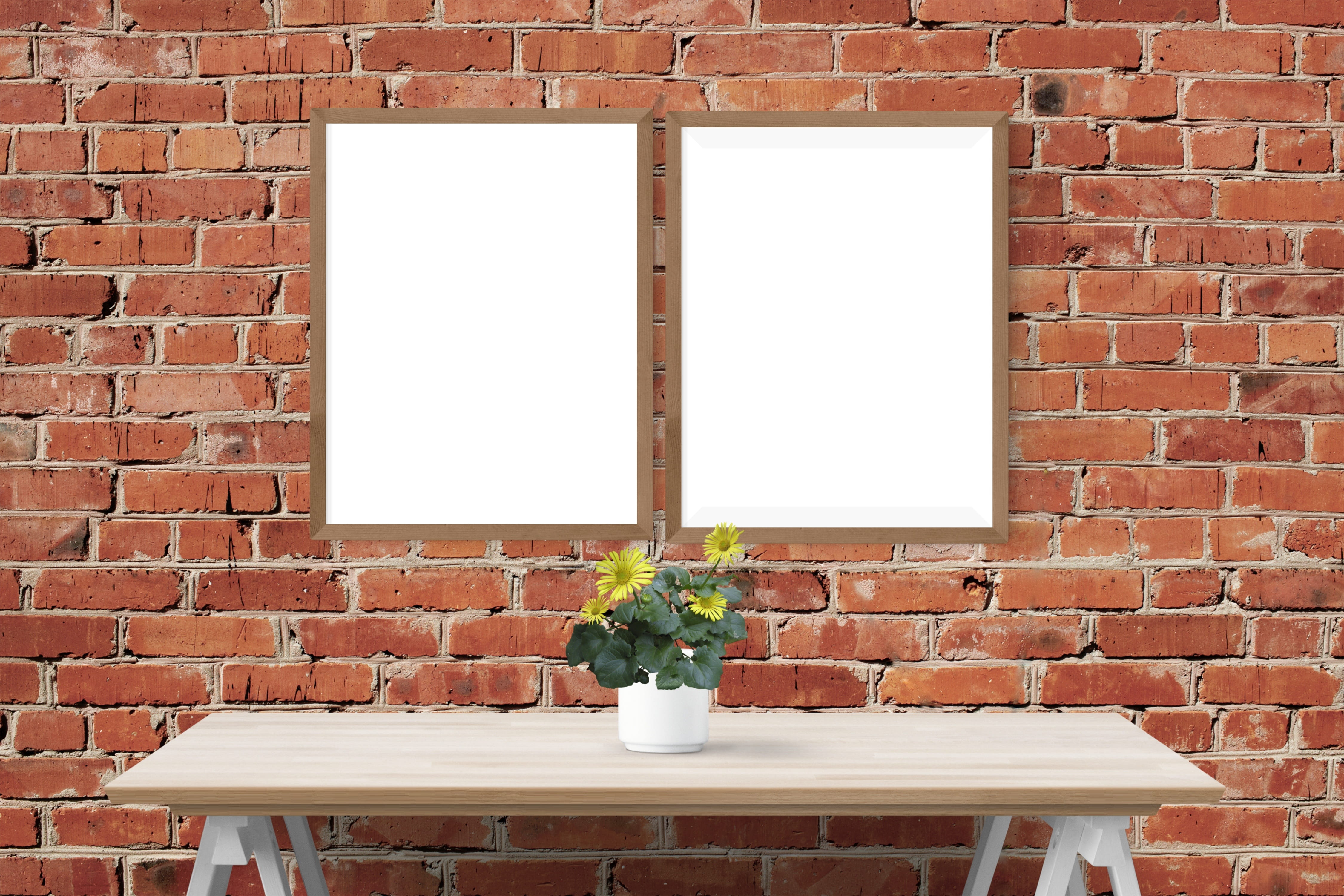 poster, frame, wall, desk, plants, brick, brick wall, wall - building feature