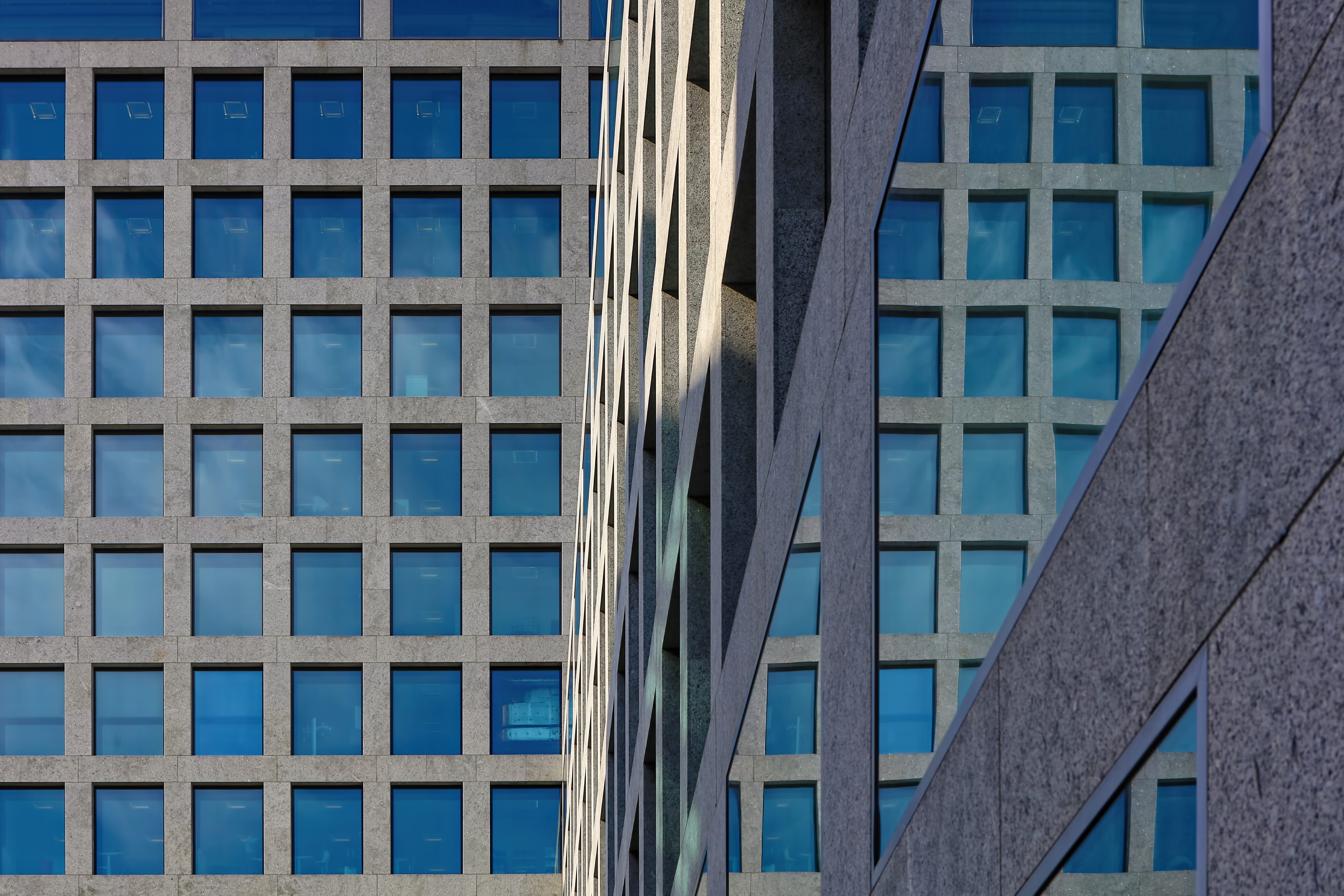 building, facade, patterns, window, glass, reflection, blue