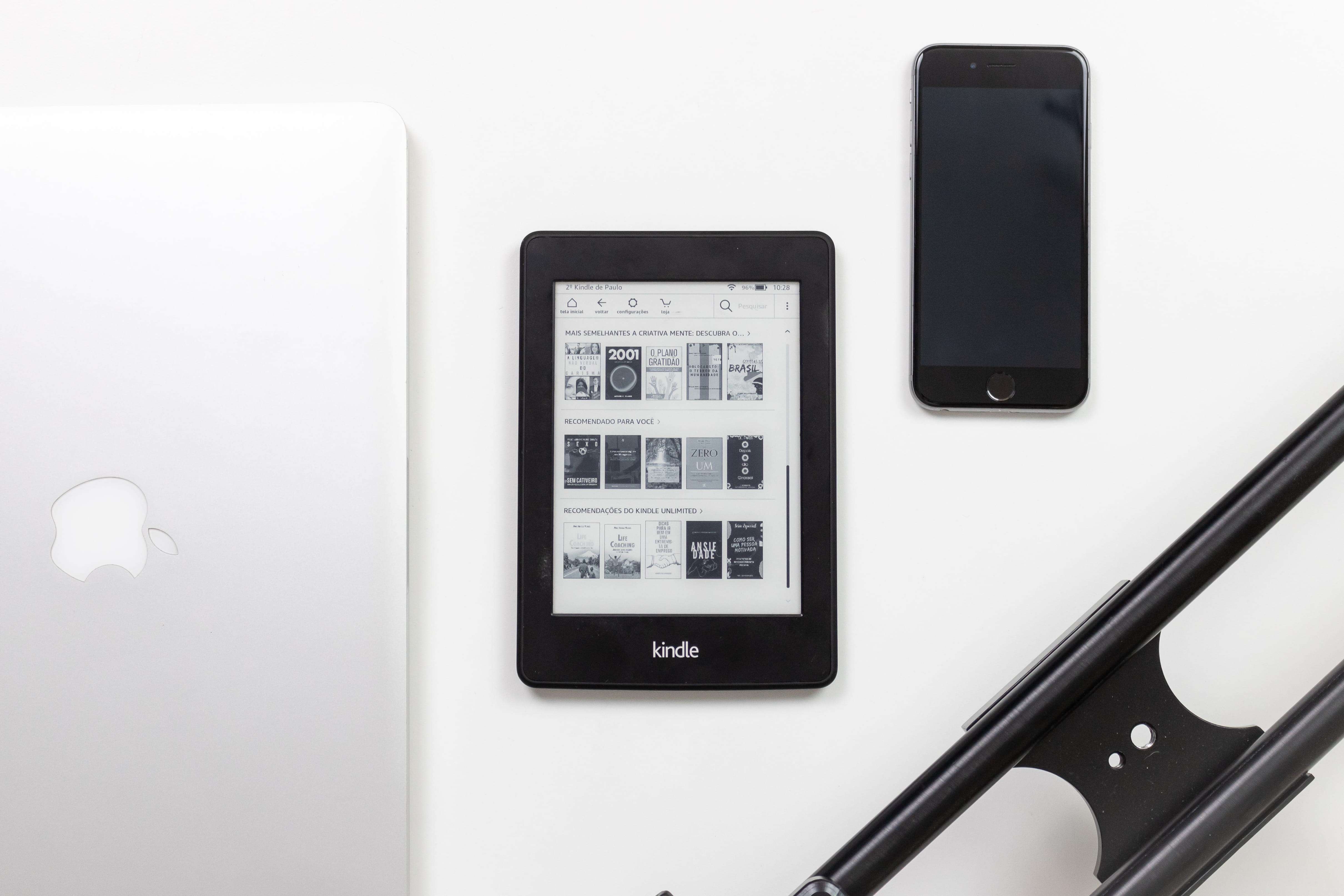 black Amazon Kindle e-book reader on white surface, technology