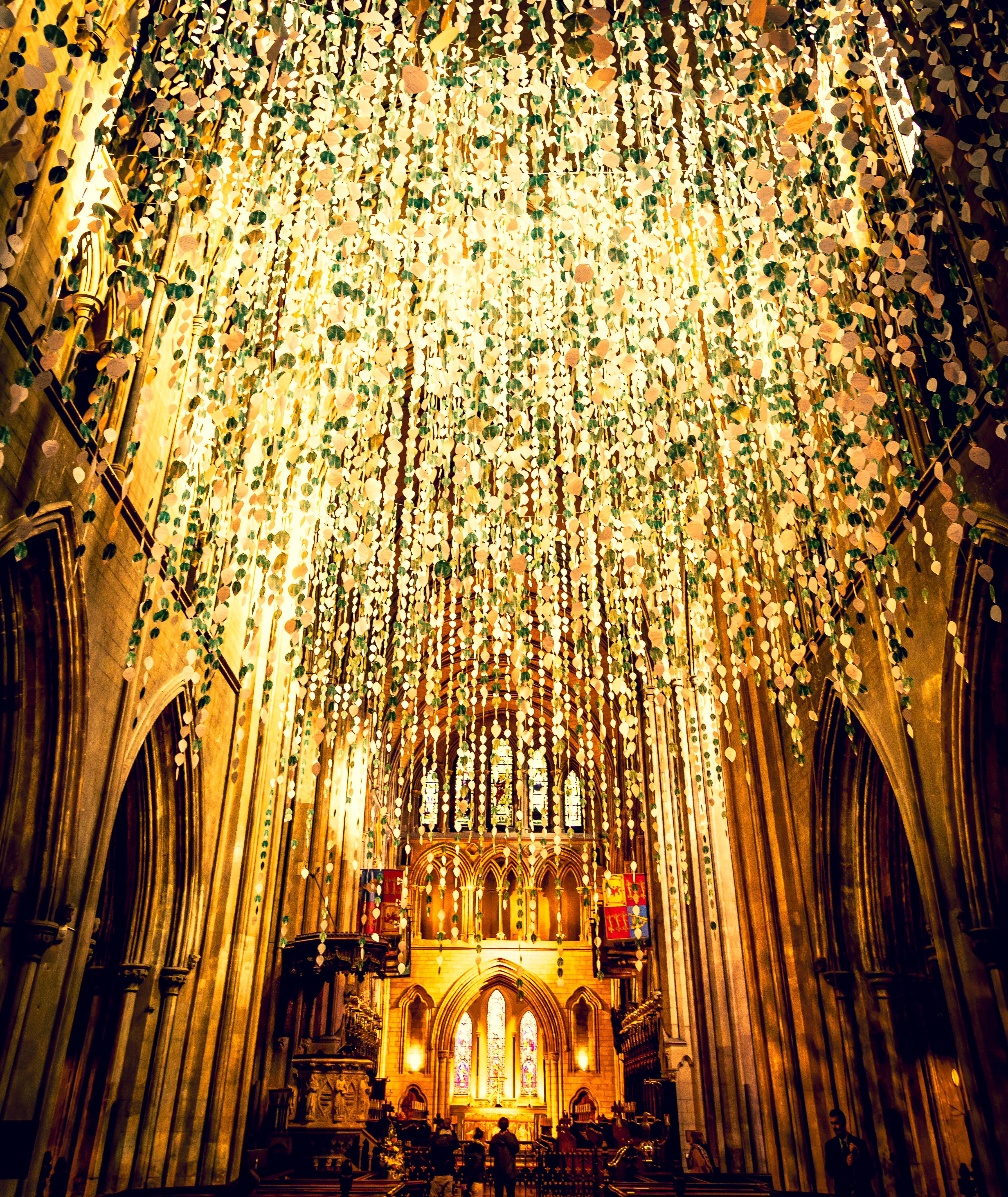 yellow string lights hangs from church ceiing, architecture, built structure