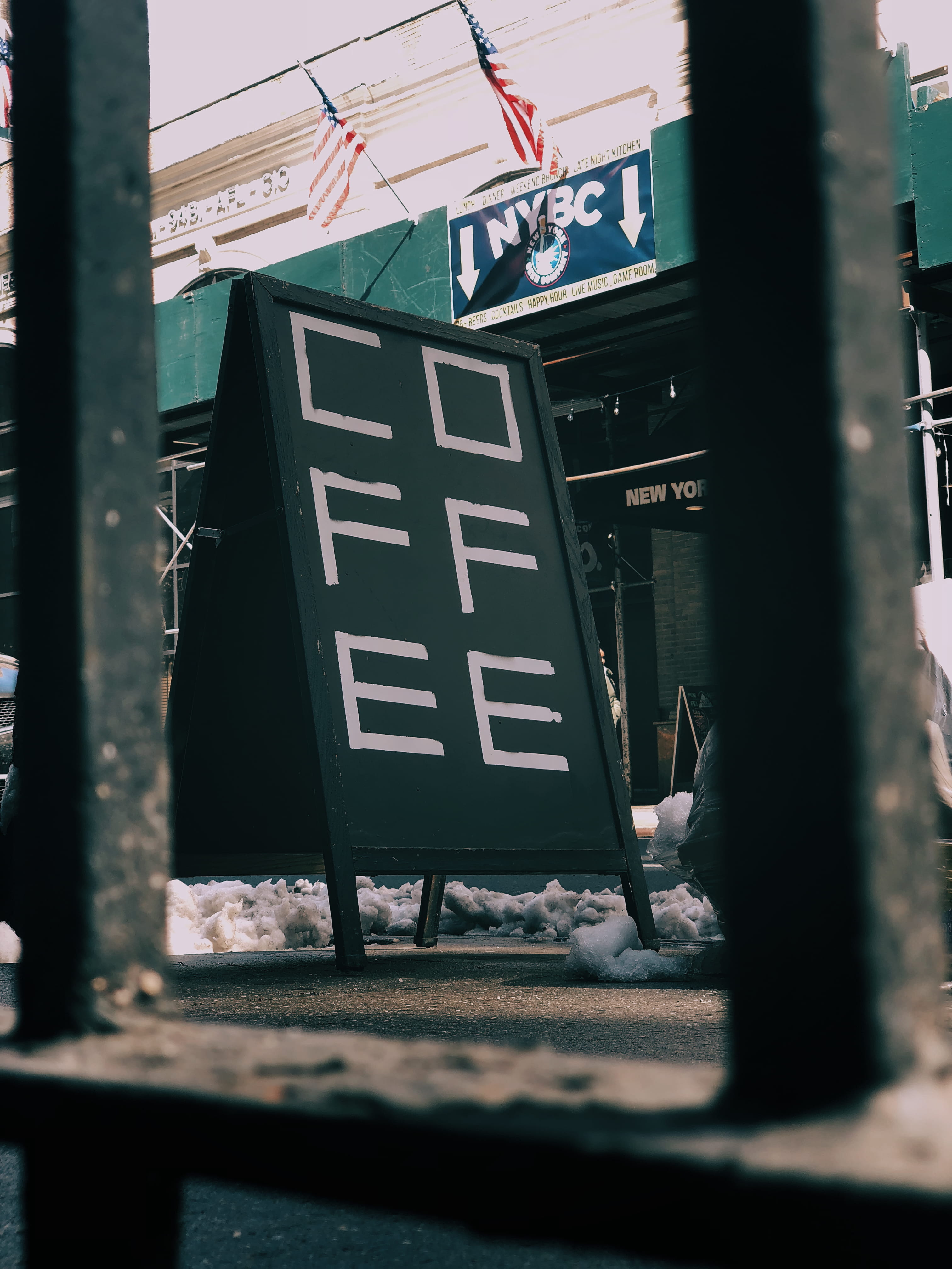coffee, nyc, communication, text, sign, architecture, western script